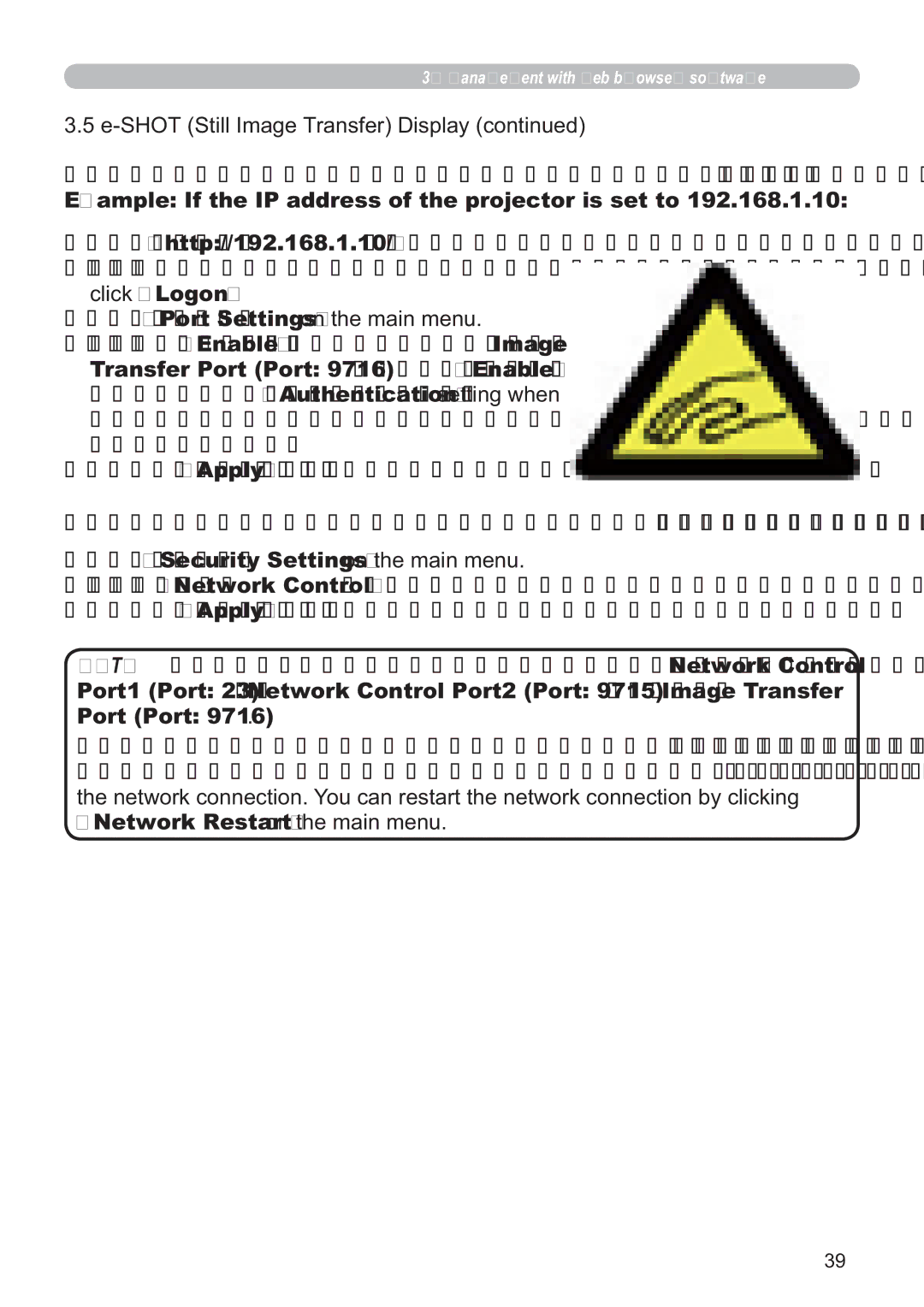 Hitachi CP-A100W, EDA100 Example If the IP address of the projector is set to, Transfer Port Port 9716&OLFNWKHEnable 