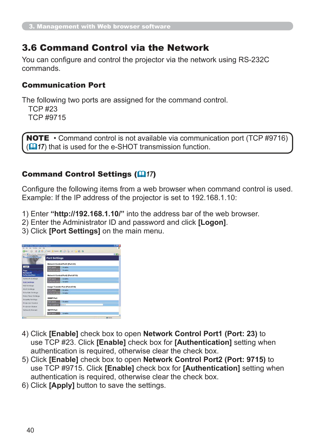 Hitachi EDA100, CP-A100W user manual Frppdqgv, Communication Port,  , Command Control Settings 