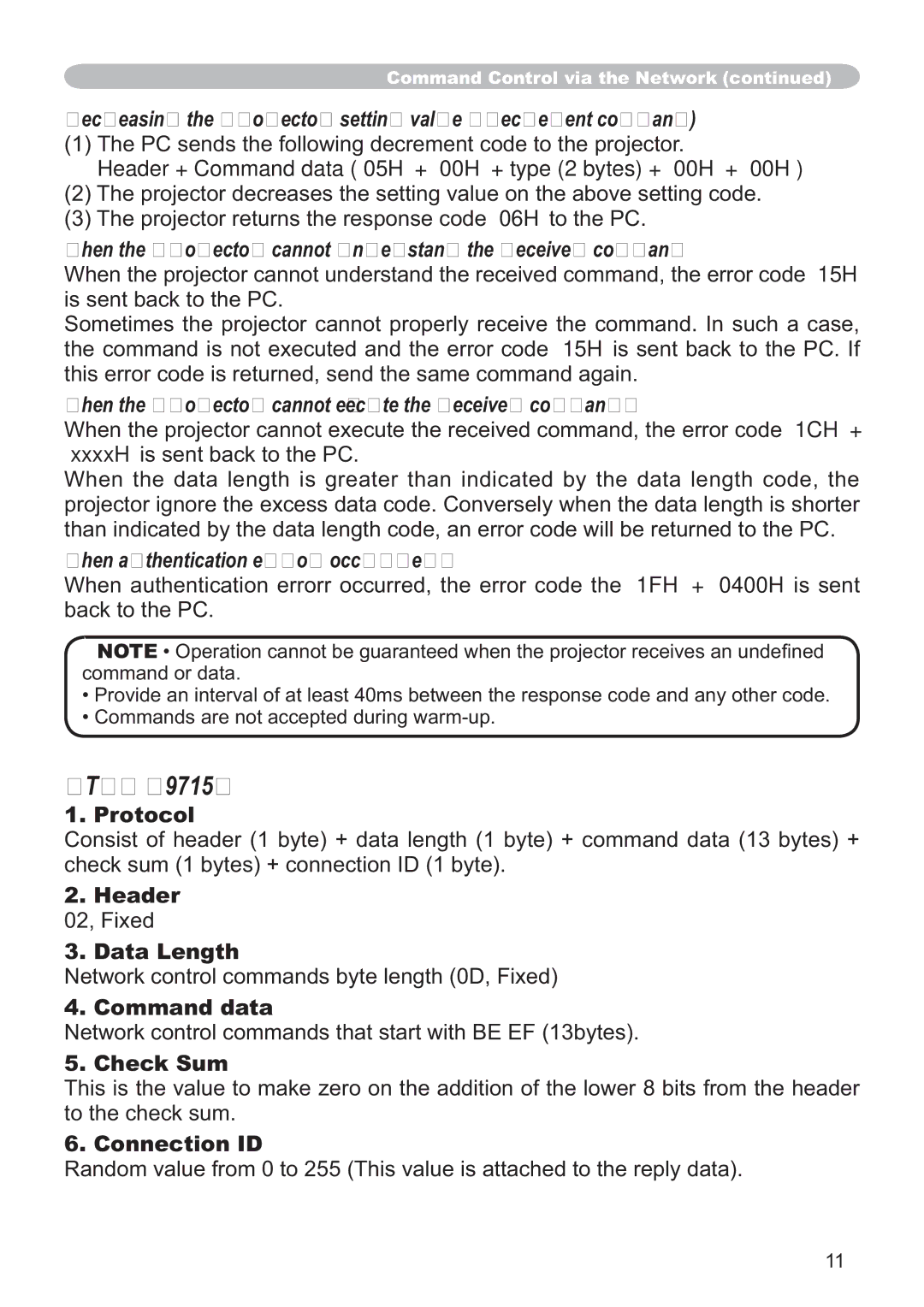 Hitachi CP-A100W, EDA100 user manual TCP #9715, When authentication error occurred, Data Length, Check Sum, Connection ID 