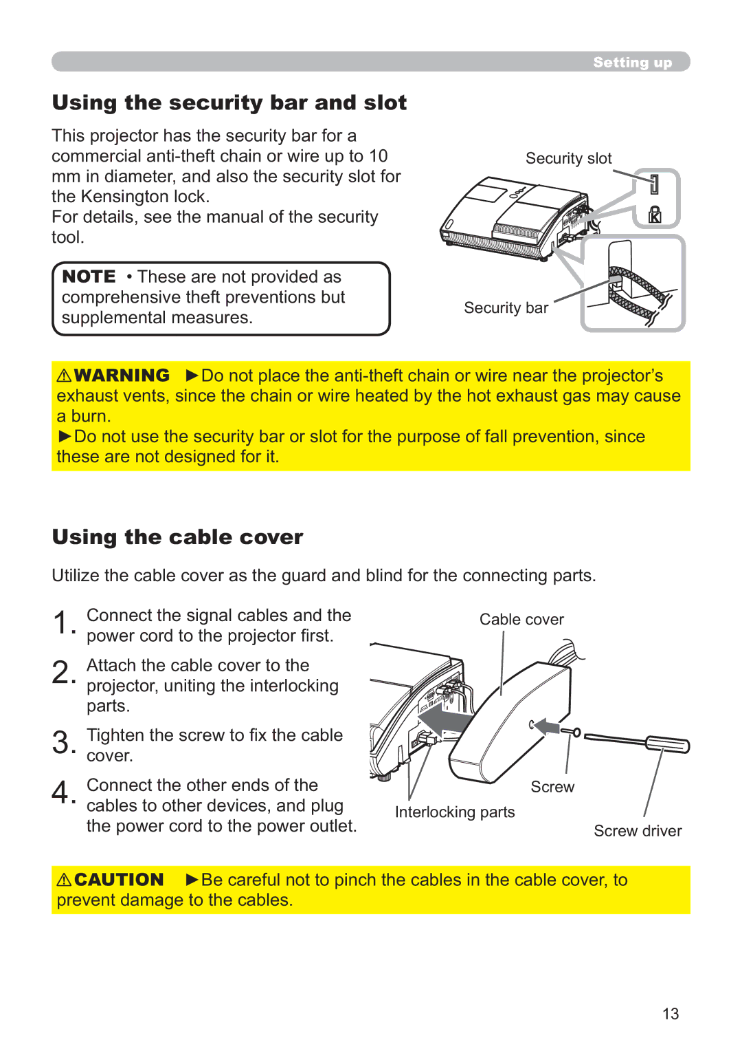 Hitachi EDA100, CP-A100W user manual Using the security bar and slot, Using the cable cover 