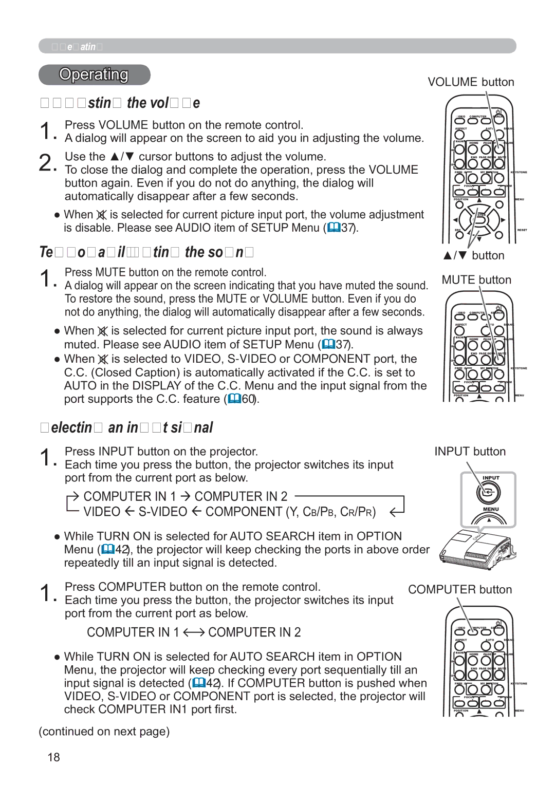 Hitachi CP-A100W, EDA100 user manual Adjusting the volume, Temporarily muting the sound, Selecting an input signal 