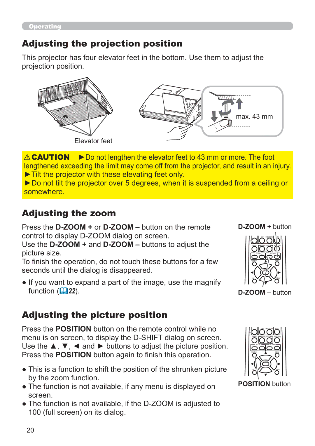 Hitachi CP-A100W Adjusting the projection position, Adjusting the zoom, Adjusting the picture position, IXQFWLRQ 22 