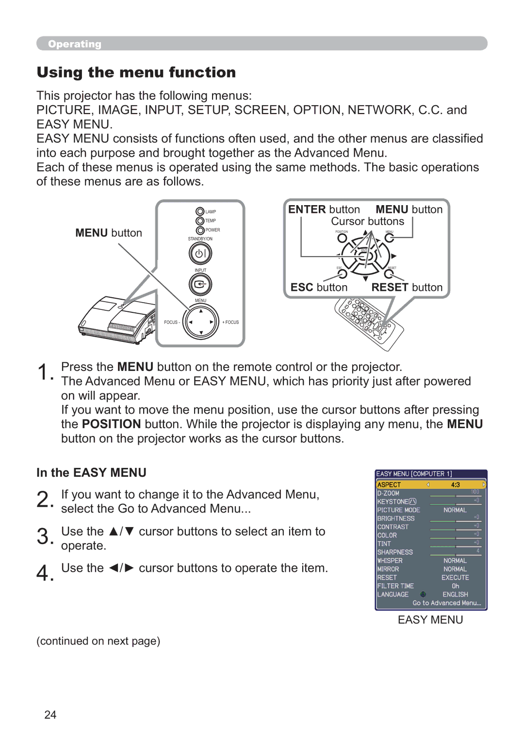 Hitachi CP-A100W, EDA100 user manual Using the menu function, 7KLVSURMHFWRUKDVWKHIROORZLQJPHQXV, WKH$6018 