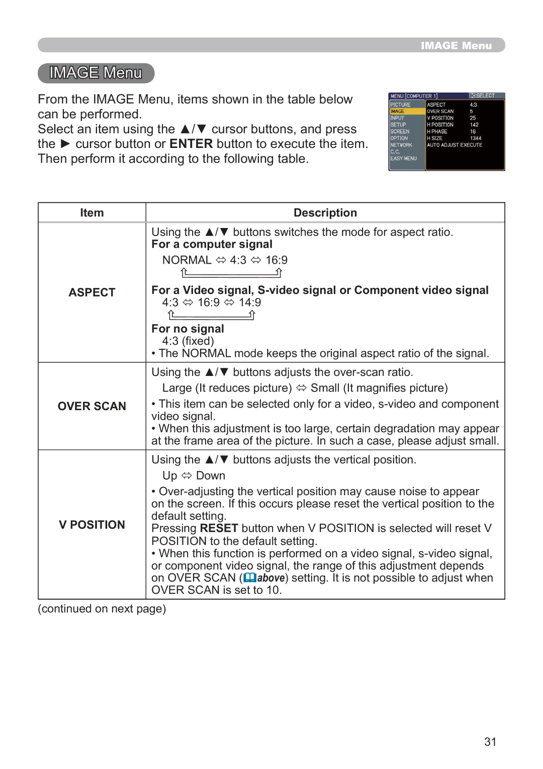 Hitachi EDA100, CP-A100W user manual $*0HQX, 7KHQSHUIRUPLWDFFRUGLQJWRWKHIROORZLQJWDEOH 