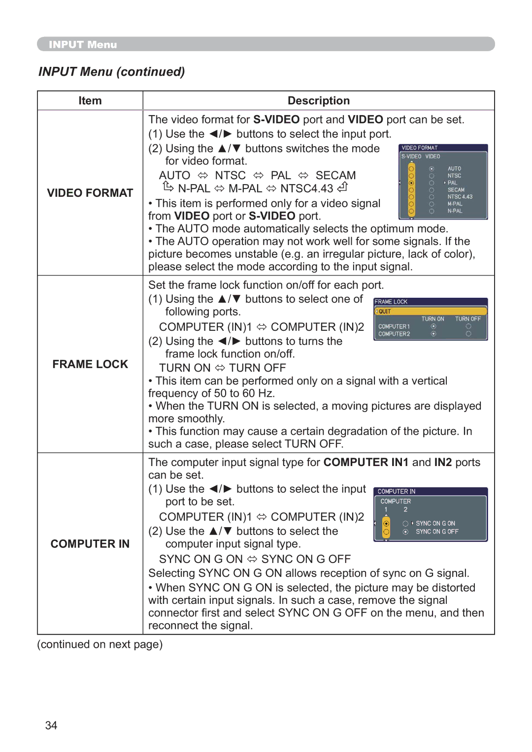 Hitachi CP-A100W, EDA100 user manual Input Menu, 250$7, $0/2, Computer 