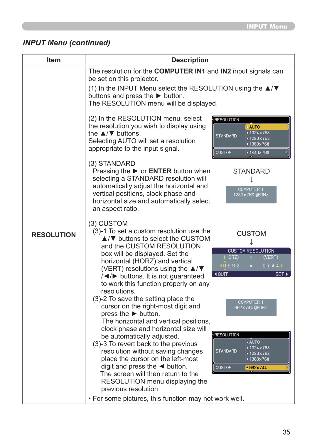 Hitachi EDA100, CP-A100W user manual Resolution 