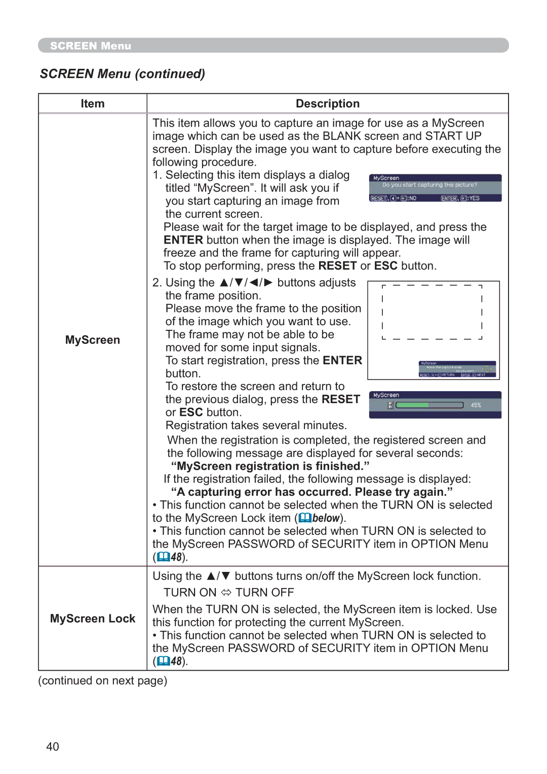 Hitachi CP-A100W, EDA100 user manual MyScreen, ³0\6FUHHQUHJLVWUDWLRQLV¿QLVKHG´ 