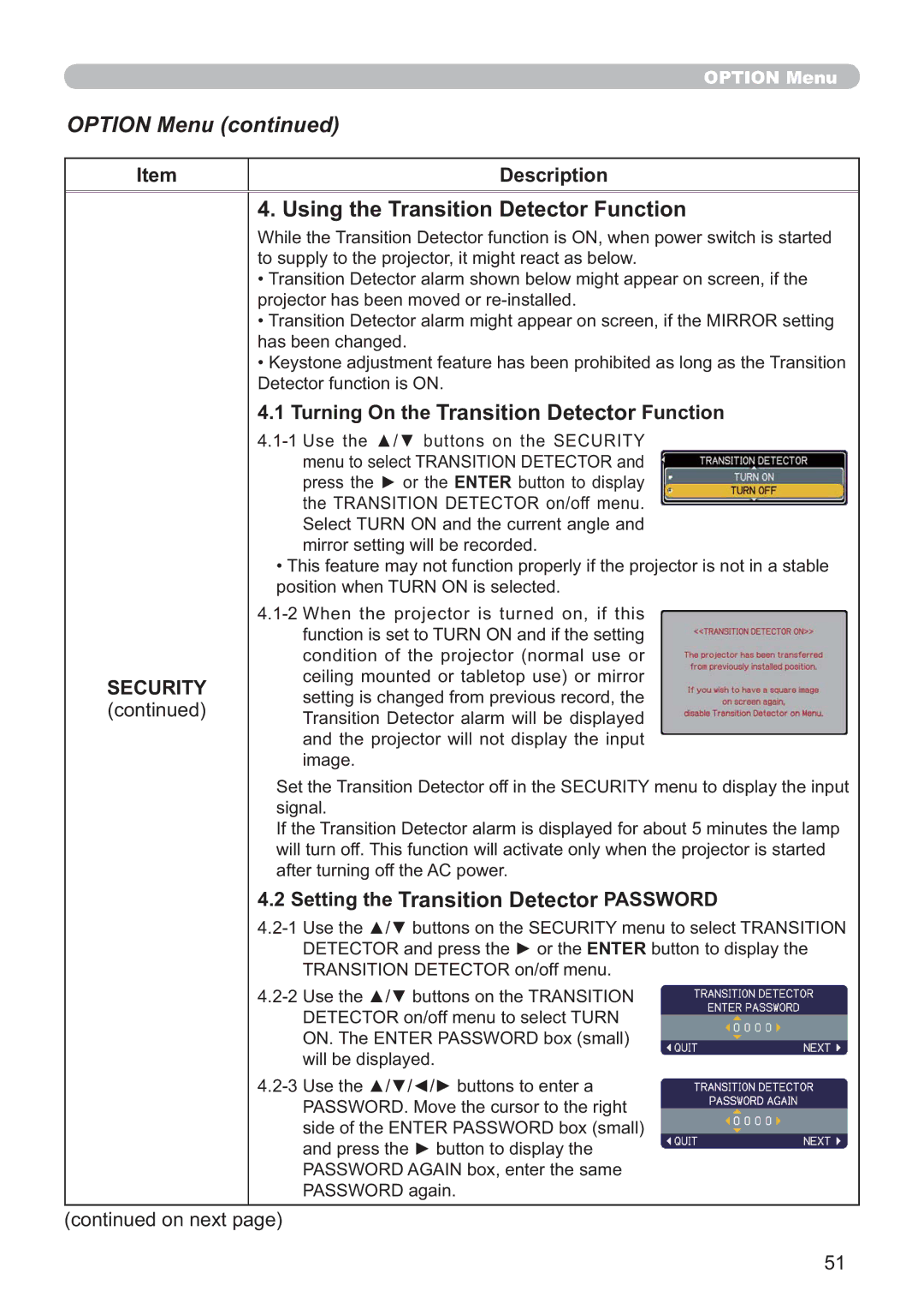 Hitachi EDA100, CP-A100W user manual 8VLQJWKH7UDQVLWLRQHWHFWRUXQFWLRQ, Turning On the Transition DetectorXQFWLRQ 