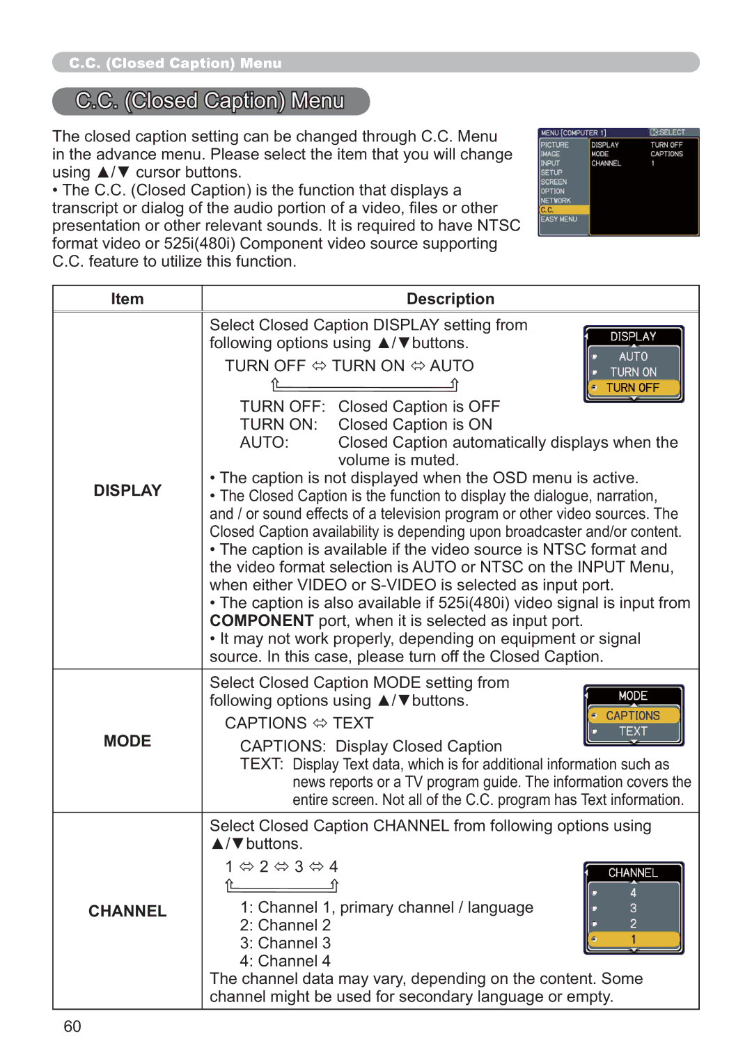 Hitachi CP-A100W, EDA100 user manual 63/$, Mode, Channel 