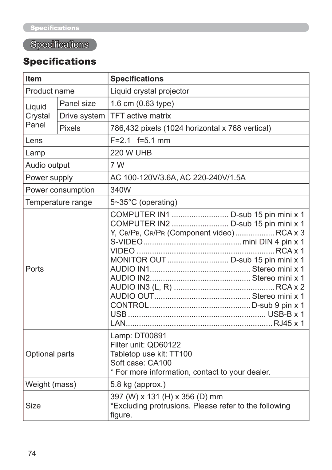 Hitachi CP-A100W, EDA100 user manual 6SHFL¿FDWLRQV 