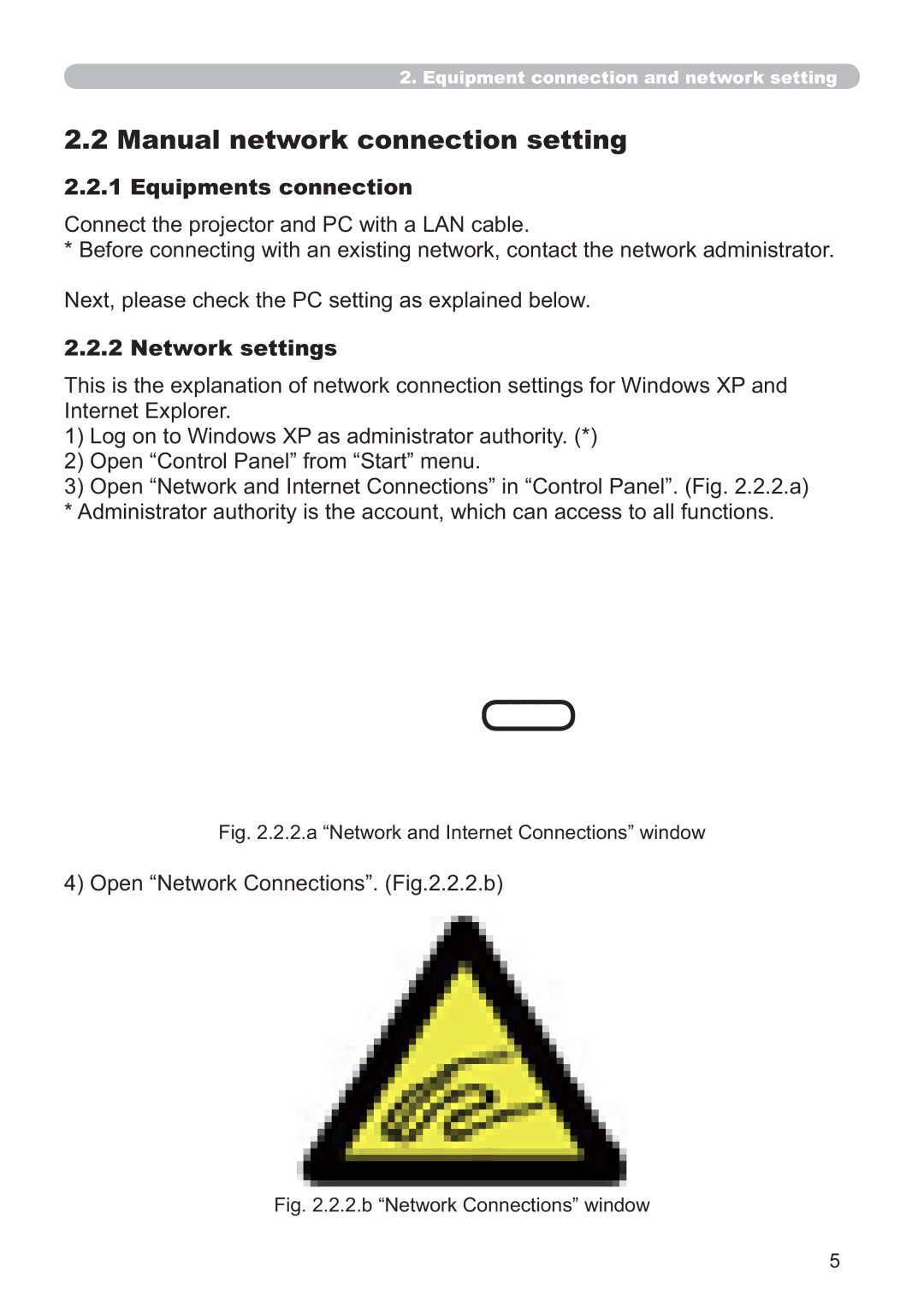 Hitachi CP-A100W, EDA100 user manual Manual network connection setting, Equipments connection, Network settings 