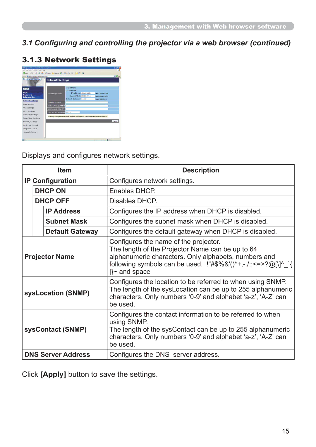 Hitachi CP-A100W Lvsod\VDqgFrq¿JxuhvQhwzrunVhwwlqjv, OLFNApplyEXWWRQWRVDYHWKHVHWWLQJV, &Rq¿Jxudwlrq, Dhcp on 