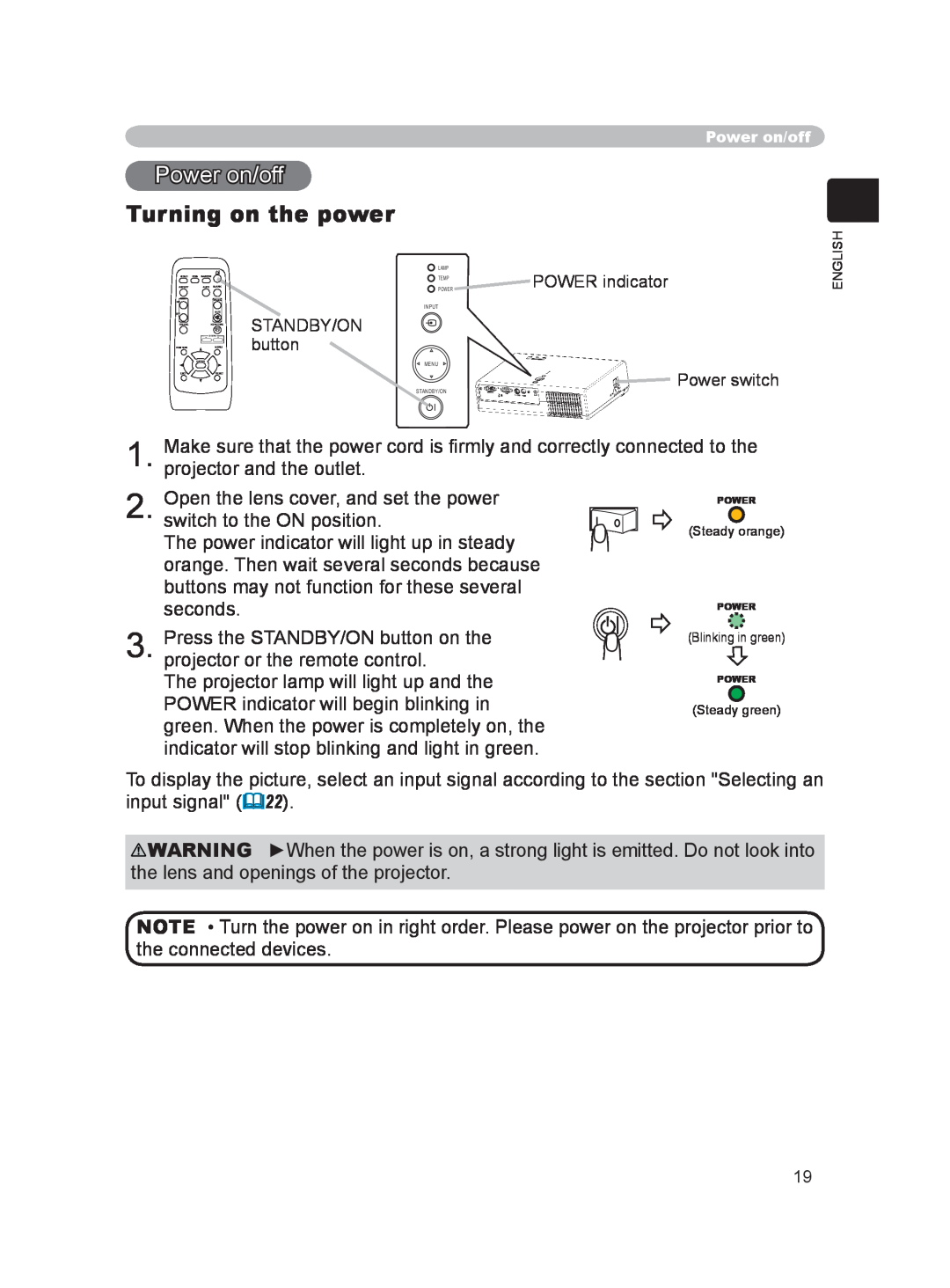 Hitachi EDPJ32 user manual Power on/off, Turning on the power 