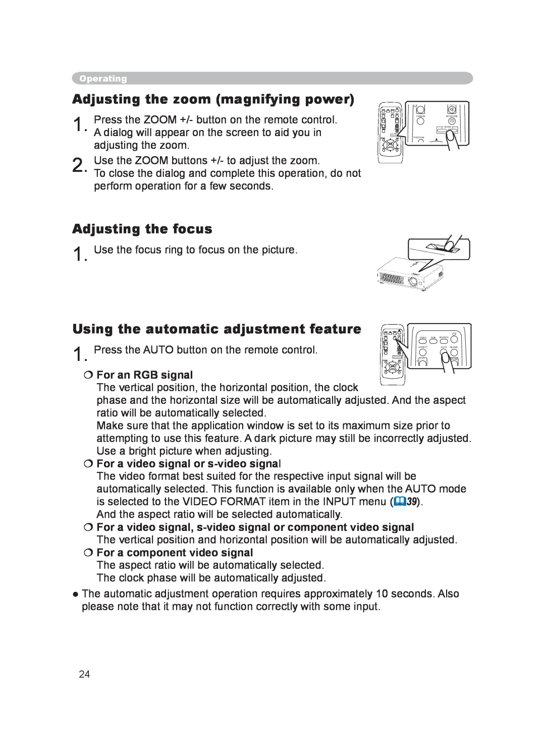 Hitachi EDPJ32 user manual Adjusting the zoom magnifying power, Adjusting the focus, Using the automatic adjustment feature 