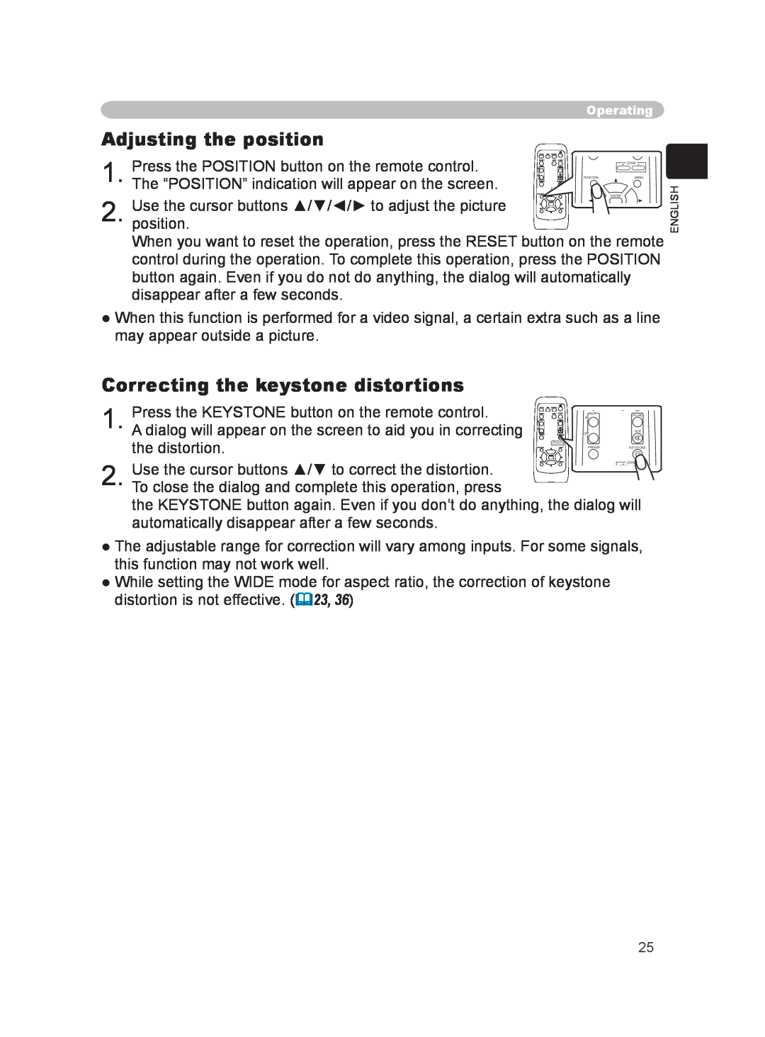 Hitachi EDPJ32 user manual Adjusting the position, Correcting the keystone distortions 
