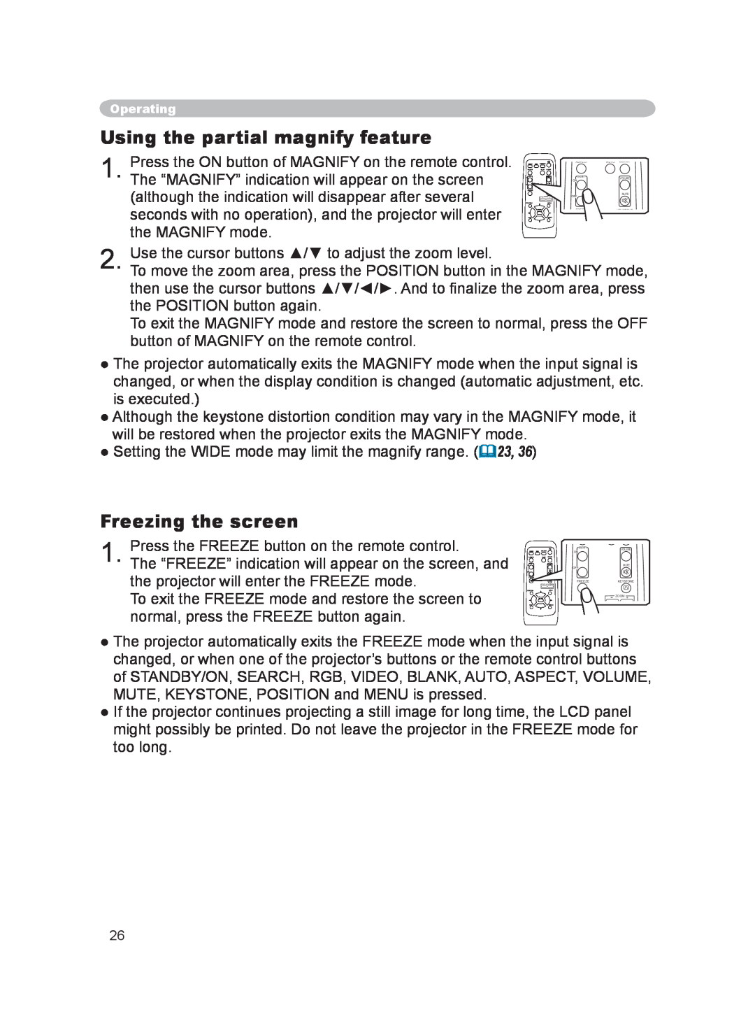 Hitachi EDPJ32 user manual Using the partial magnify feature, Freezing the screen 