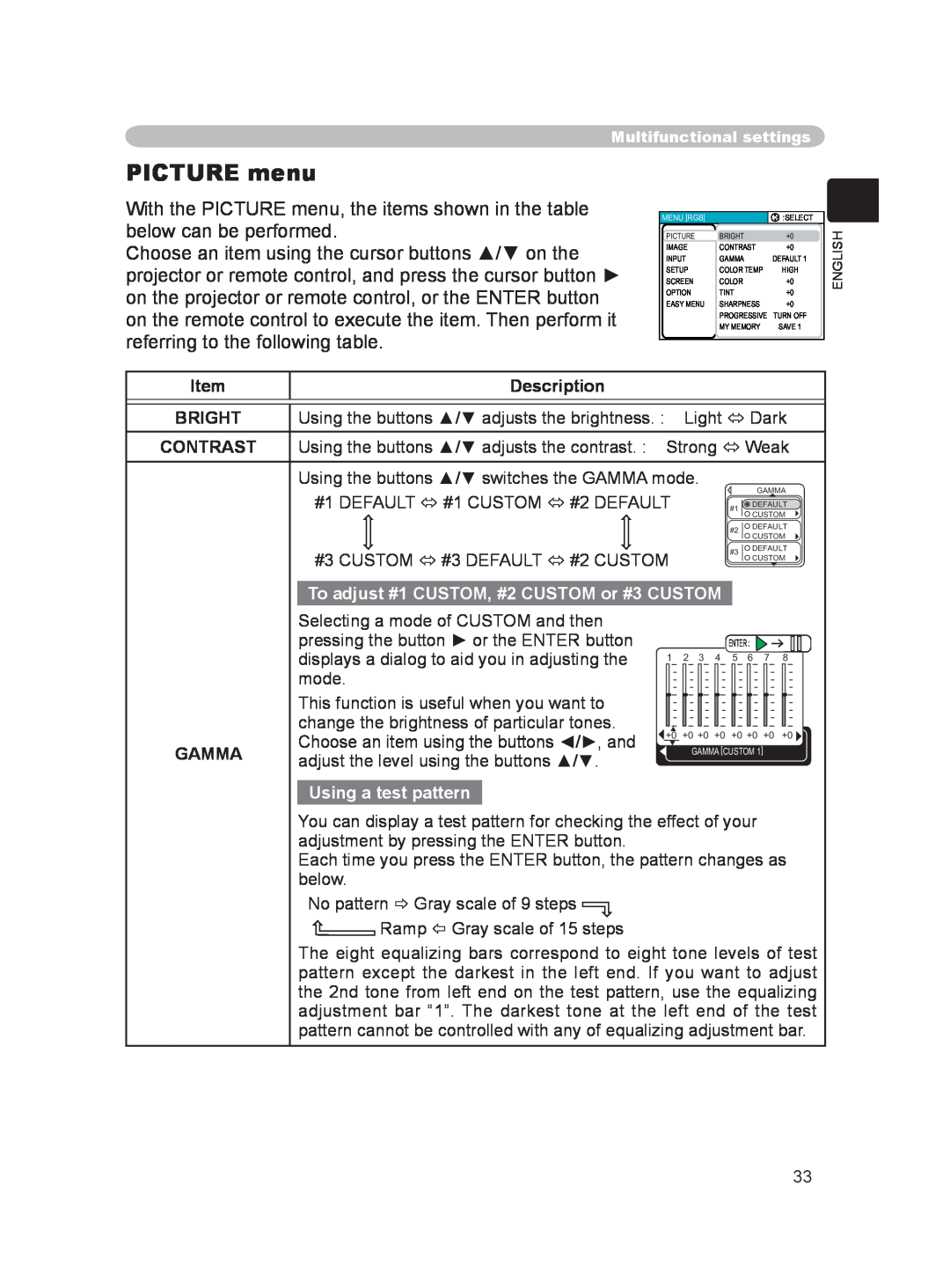 Hitachi EDPJ32 user manual PICTURE menu, To adjust #1 CUSTOM, #2 CUSTOM or #3 CUSTOM, Using a test pattern 