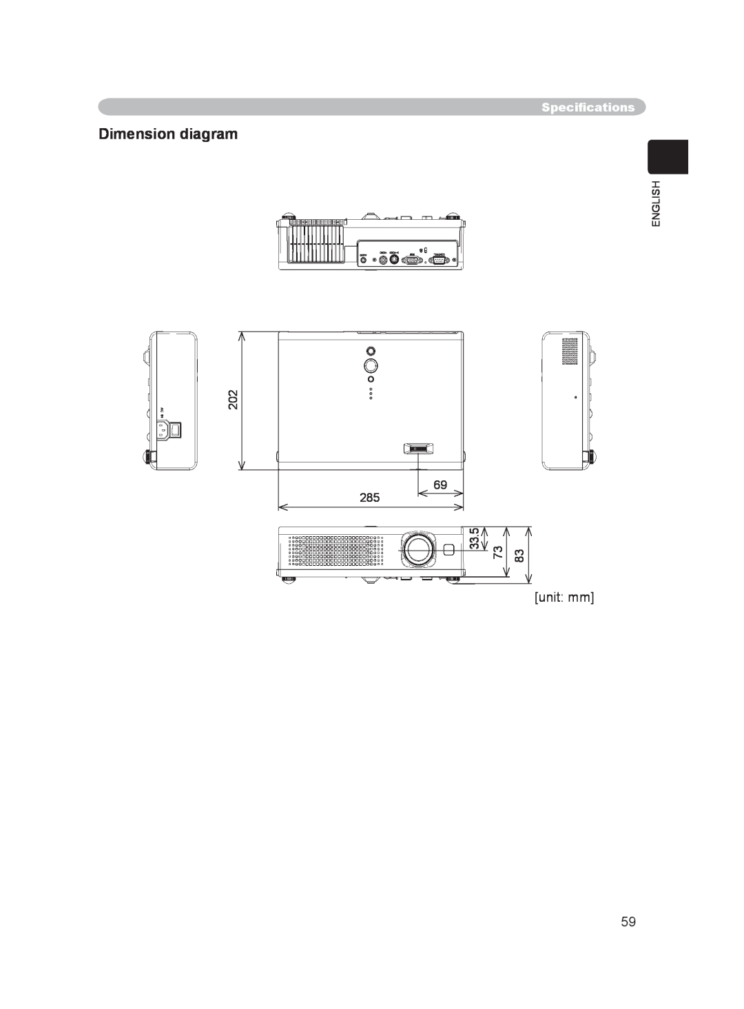 Hitachi EDPJ32 user manual Dimension diagram, 202 285, Speciﬁcations, 33.5, English 
