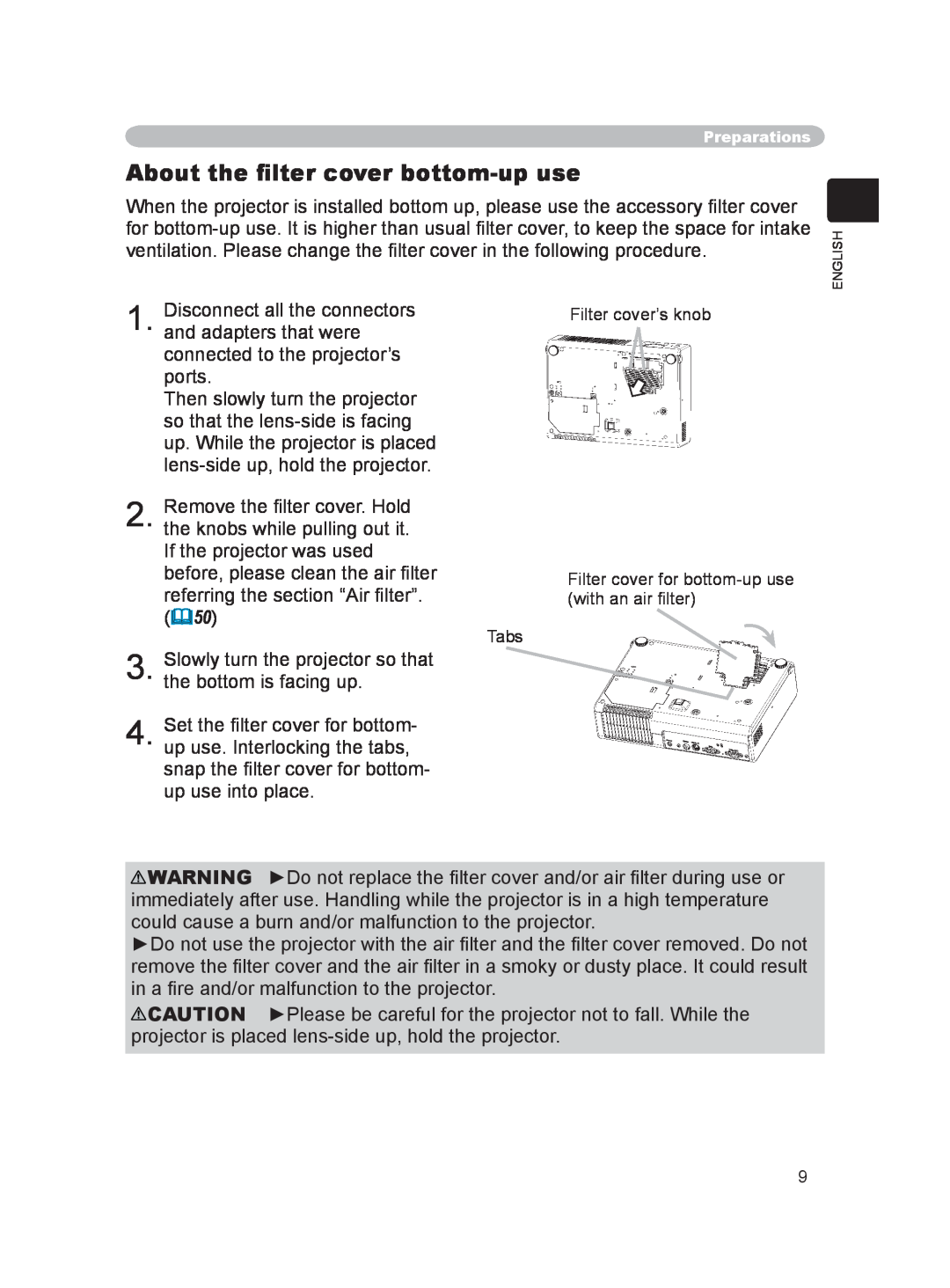 Hitachi EDPJ32 user manual About the ﬁlter cover bottom-up use, Tabs 