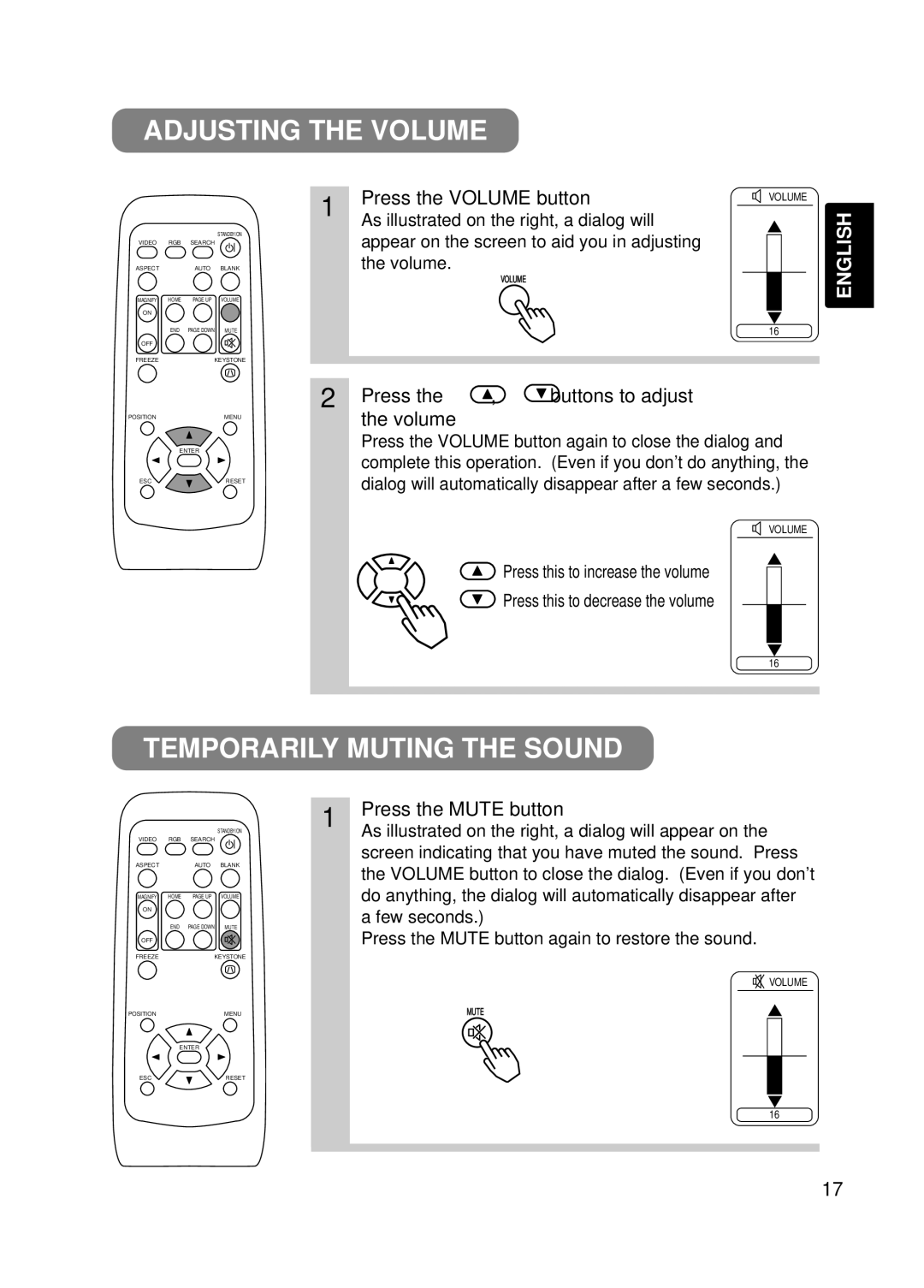 Hitachi EDS3170A Adjusting the Volume, Temporarily Muting the Sound, Press the Volume button, Press the Mute button 