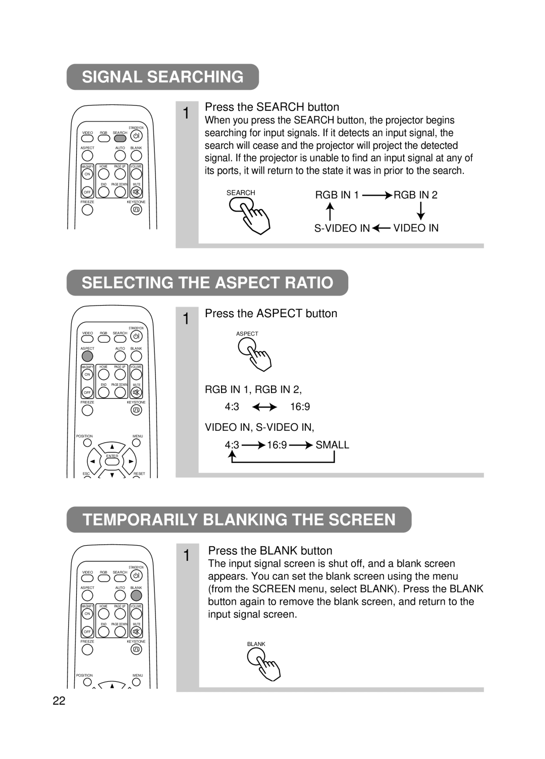 Hitachi EDX-3270A, EDS3170A user manual Signal Searching, Selecting the Aspect Ratio, Temporarily Blanking the Screen 