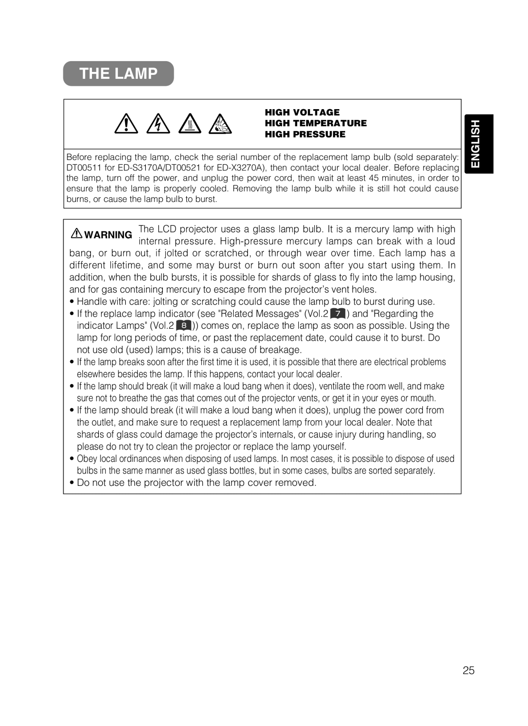 Hitachi EDS3170A Lamp, Do not use the projector with the lamp cover removed, High Voltage High Temperature High Pressure 