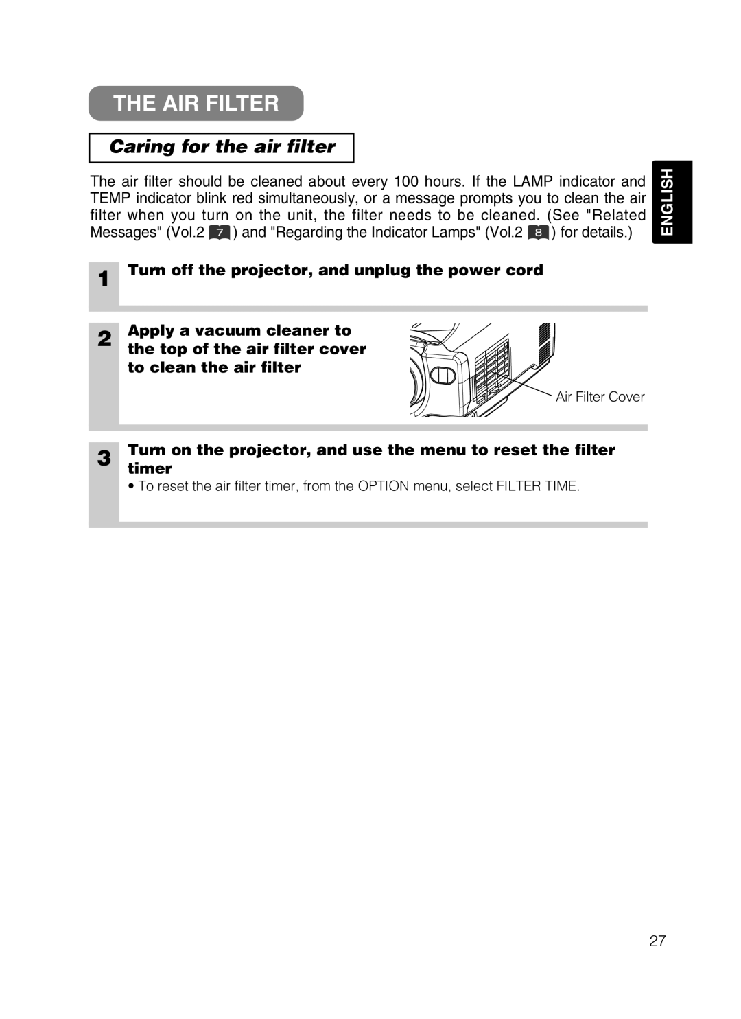 Hitachi EDS3170A, EDX-3270A user manual AIR Filter, Caring for the air filter 