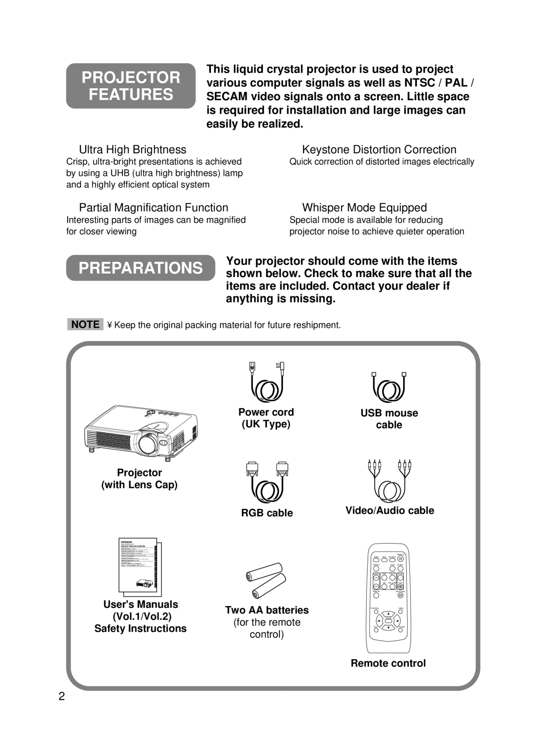 Hitachi EDX-3270A Projector Features, USB mouse, Two AA batteries Vol.1/Vol.2, Safety Instructions, Remote control 