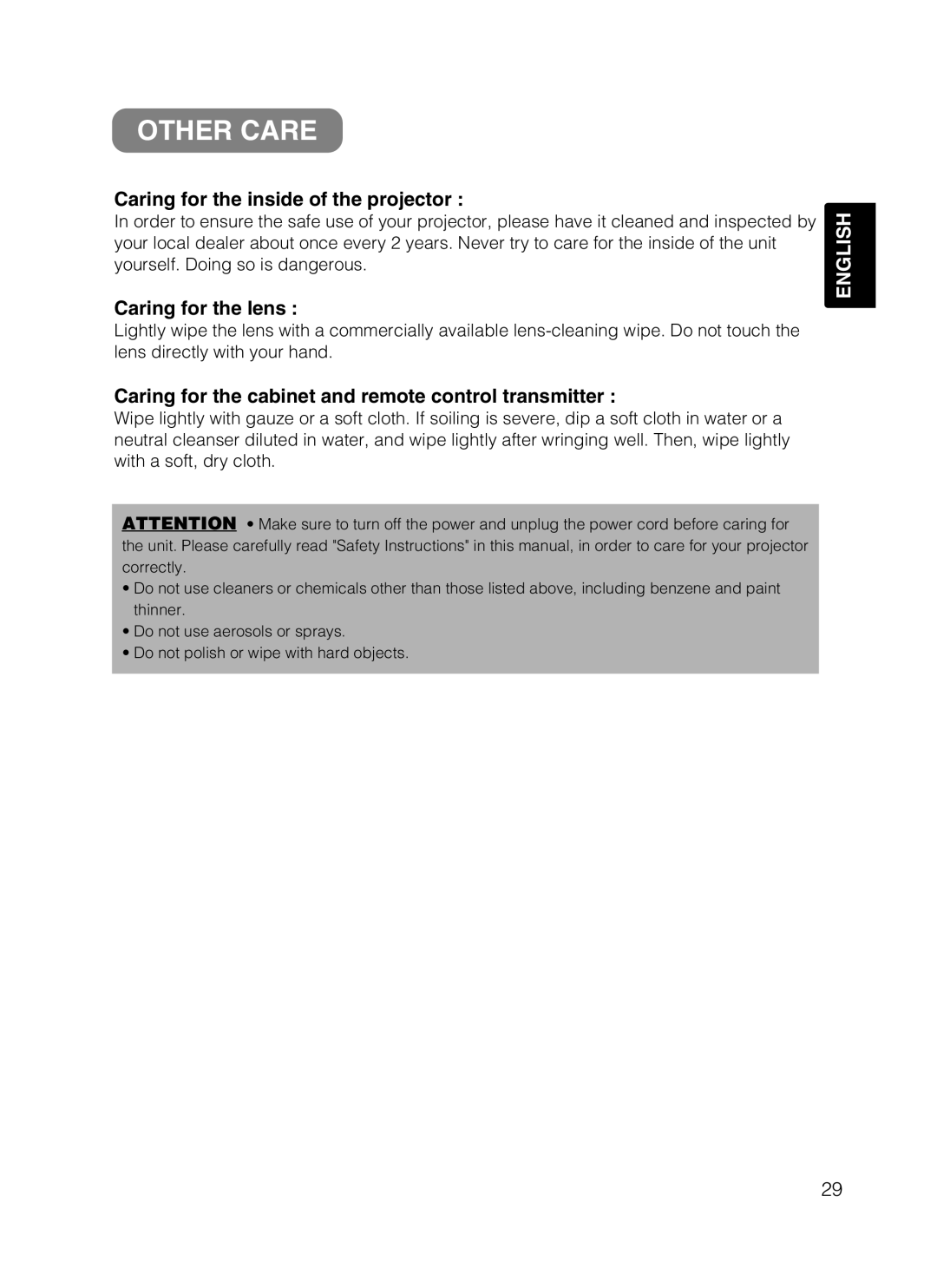 Hitachi EDS3170A, EDX-3270A user manual Other Care, Caring for the inside of the projector, Caring for the lens 