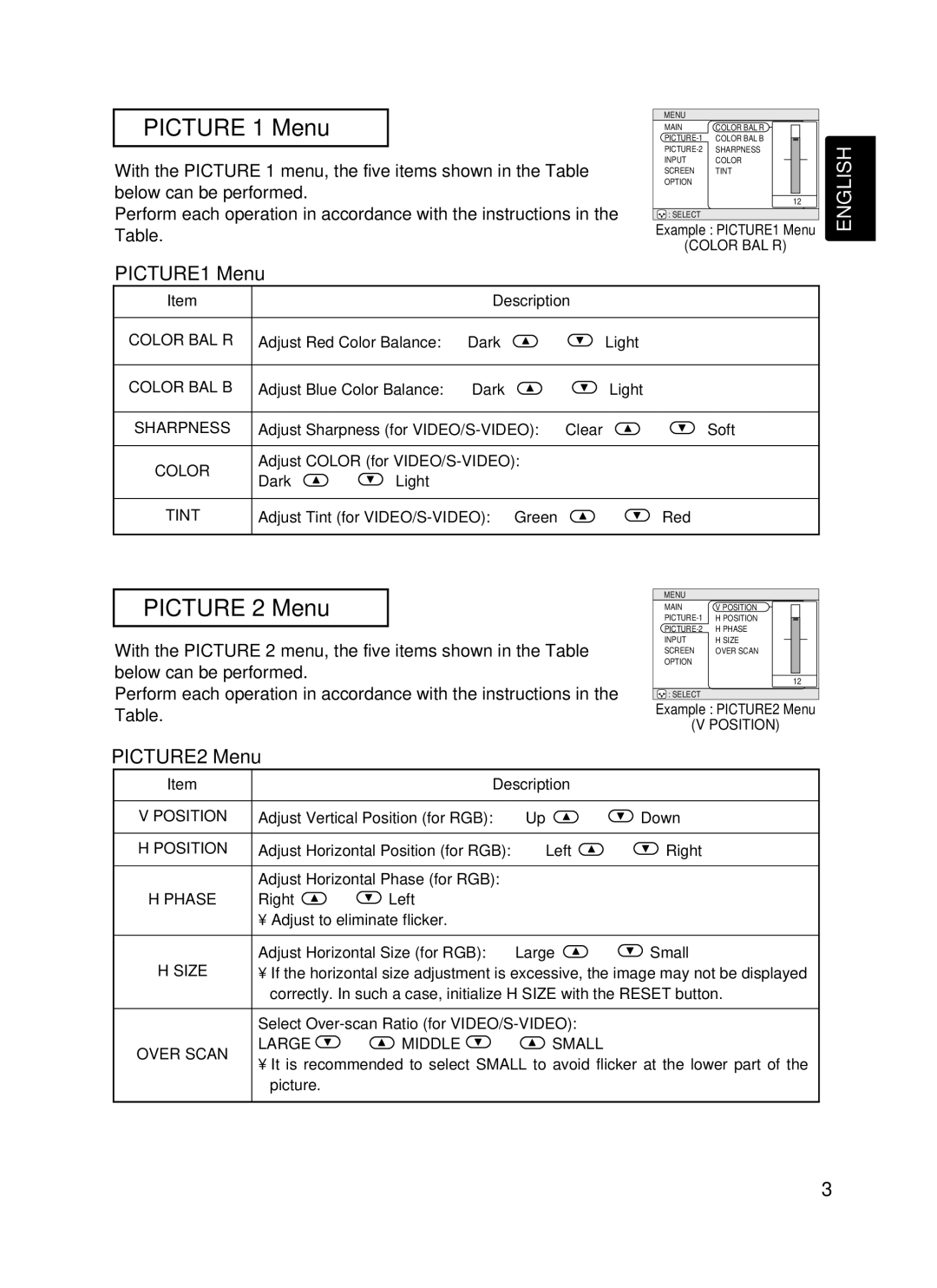 Hitachi EDX-3270A, EDS3170A user manual Picture 1 Menu, Picture 2 Menu, PICTURE1 Menu, PICTURE2 Menu 