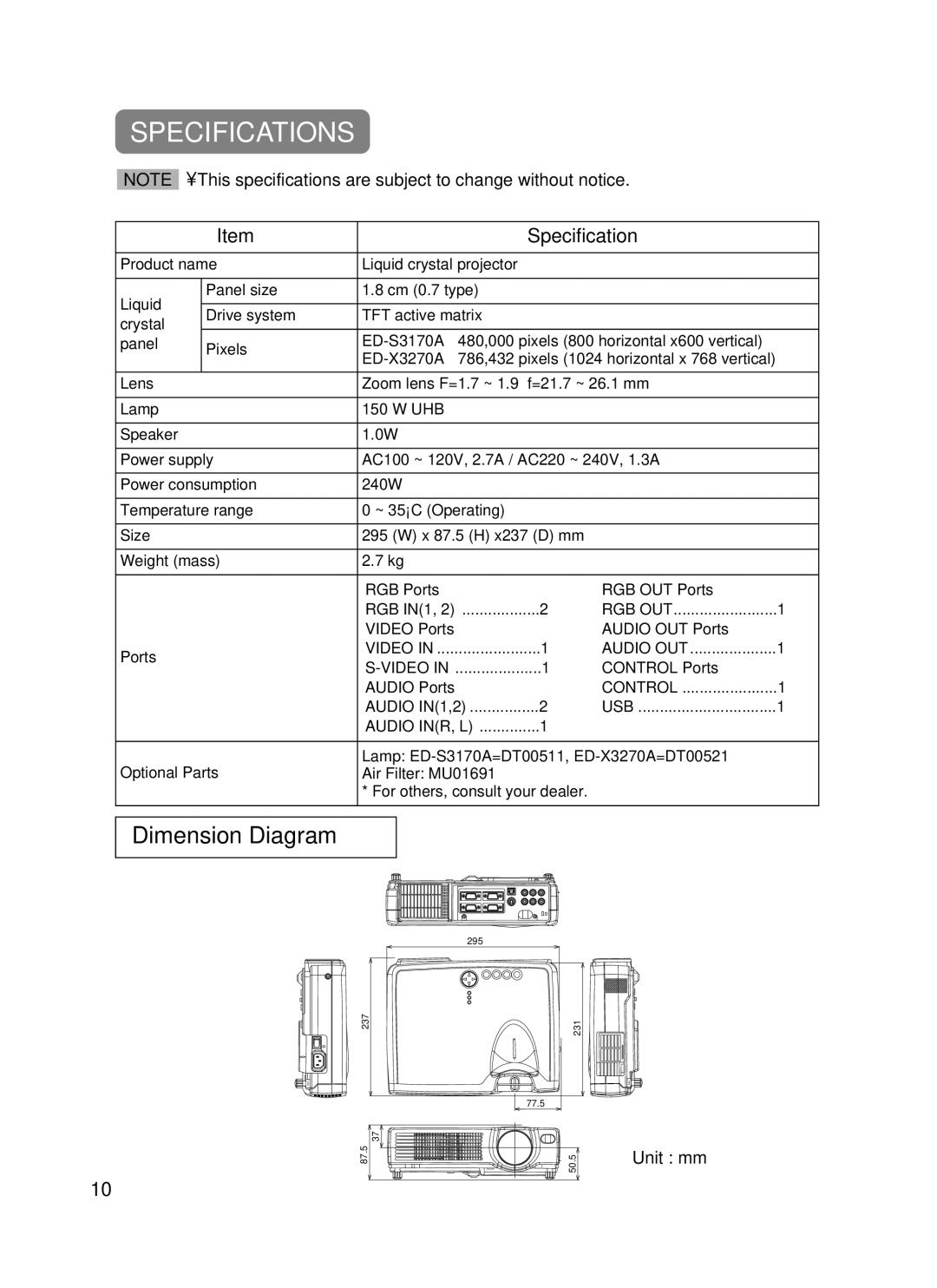 Hitachi EDS3170A, EDX-3270A user manual Specifications, Dimension Diagram, Unit mm 