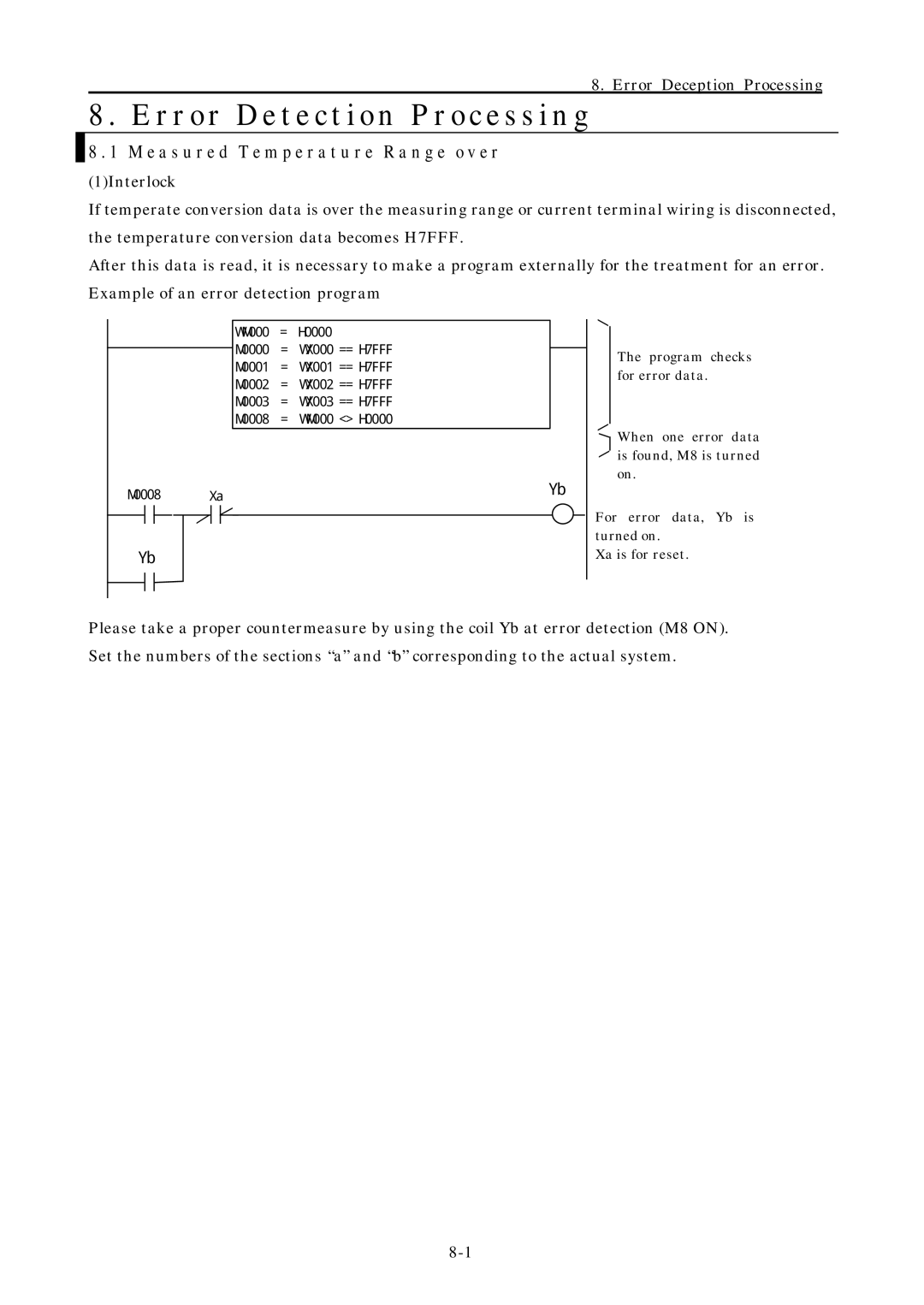 Hitachi EH-150 manual Error D e t e c t i o n P r o c e s s i n g, E a s u r e d T e m p e r a t u r e R a n g e o v e r 