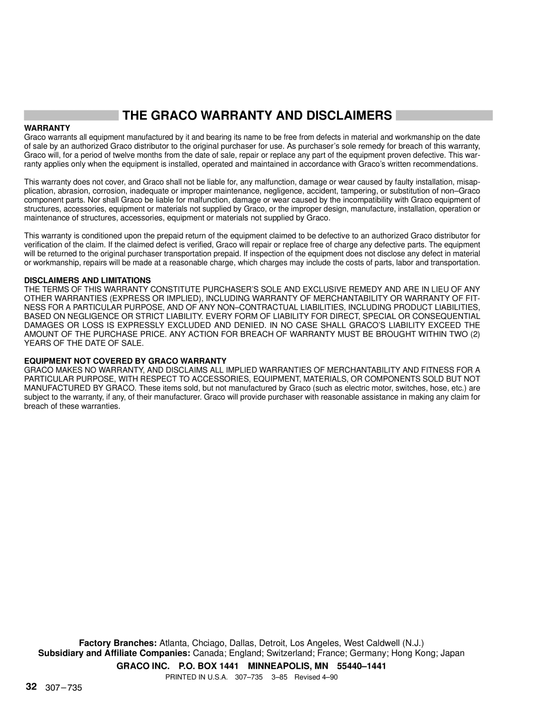 Hitachi EM 490 dimensions Graco Warranty and Disclaimers, Graco INC. P.O. BOX 1441 MINNEAPOLIS, MN 55440±1441 