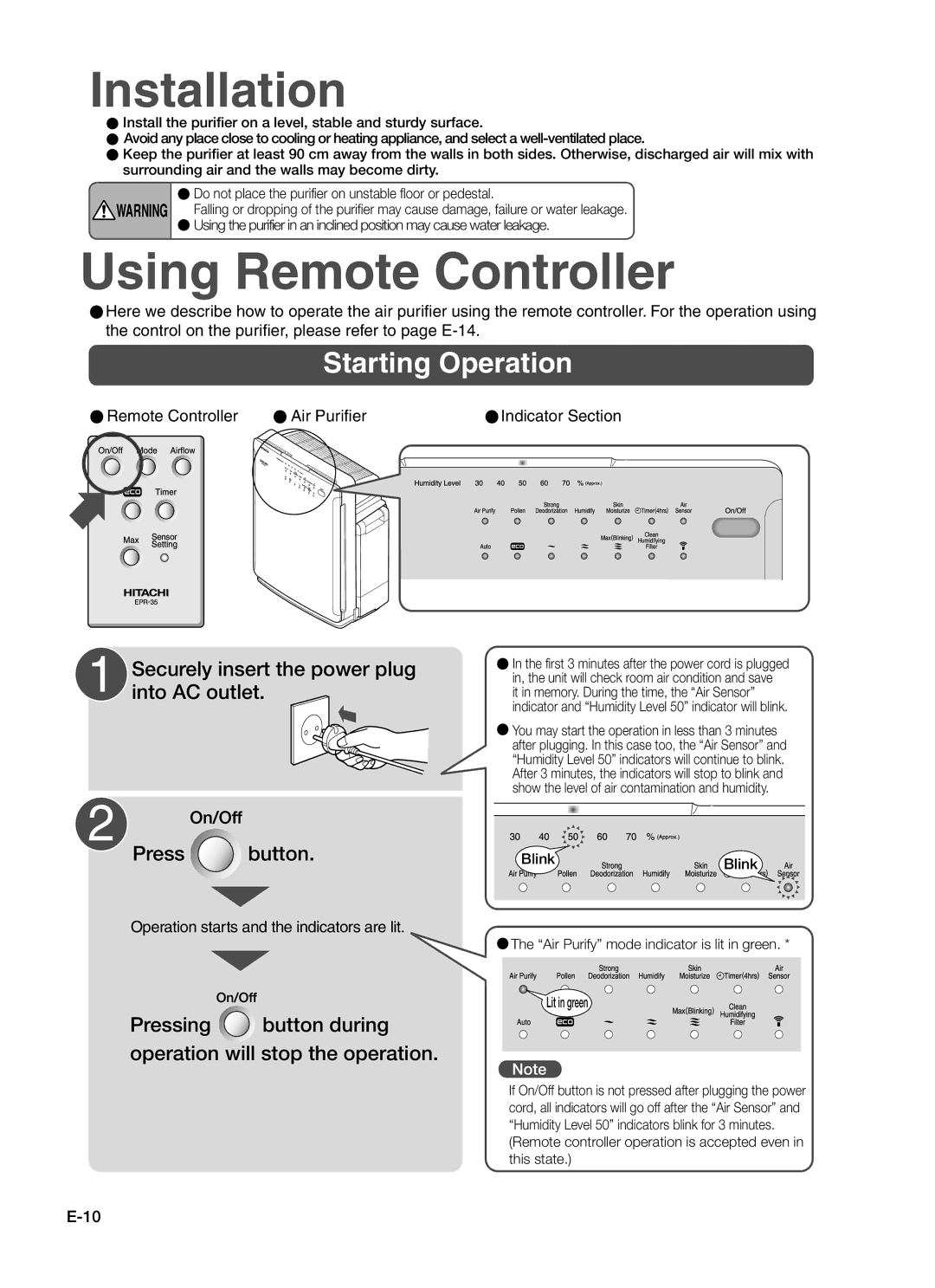 Hitachi EP-A7000 instruction manual Installation, Air Purify mode indicator is lit in green 