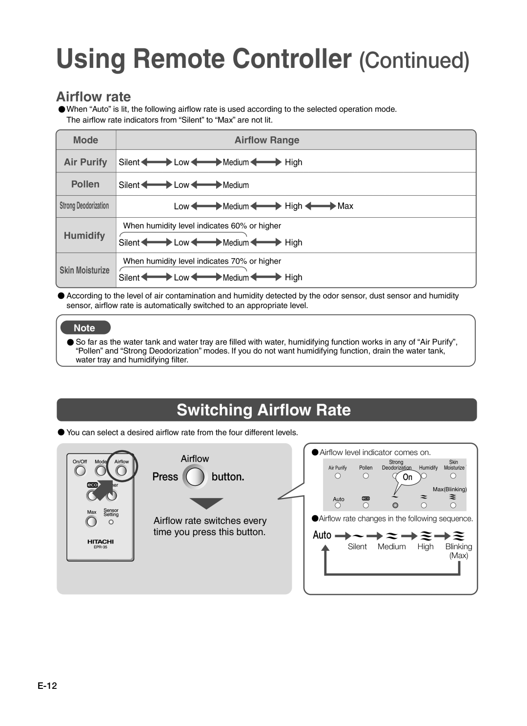 Hitachi EP-A7000 Using Remote Controller, Airflow level indicator comes on, Airflow rate changes in the following sequence 