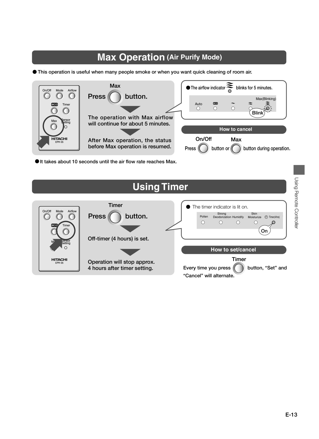 Hitachi EP-A7000 instruction manual Operation with Max airflow, Will continue for about 5 minutes, Off-timer 4 hours is set 