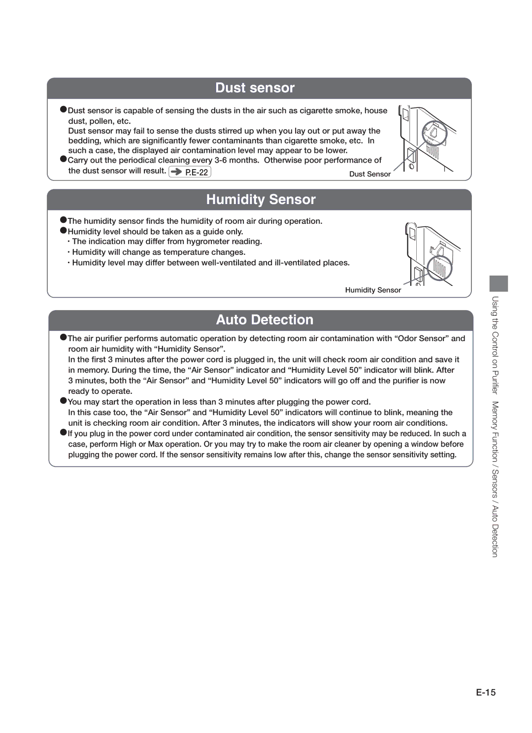 Hitachi EP-A7000 instruction manual Dust sensor, Humidity Sensor, Auto Detection 