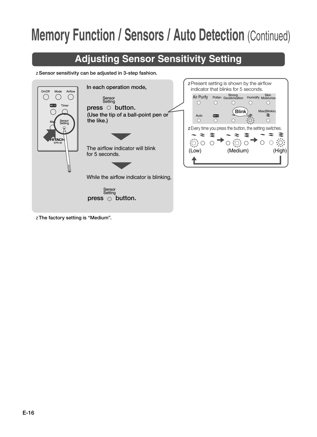 Hitachi EP-A7000 instruction manual Press button, Each operation mode, Sensor sensitivity can be adjusted in 3-step fashion 