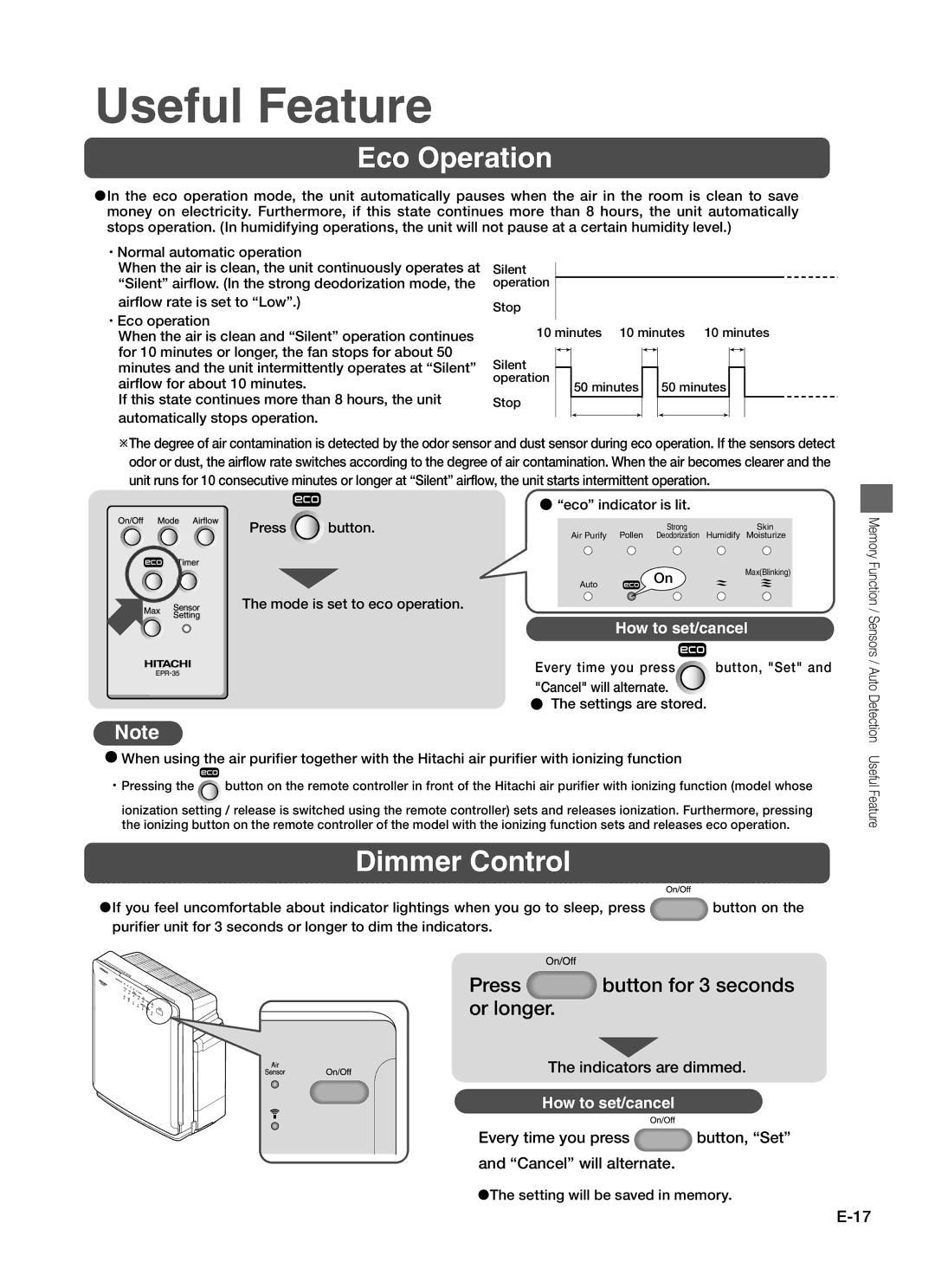 Hitachi EP-A7000 Useful Feature, Indicators are dimmed, Every time you press button, Set and Cancel will alternate 