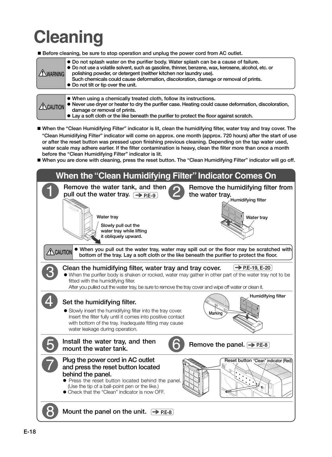 Hitachi EP-A7000 instruction manual Cleaning, When the Clean Humidifying Filter Indicator Comes On 