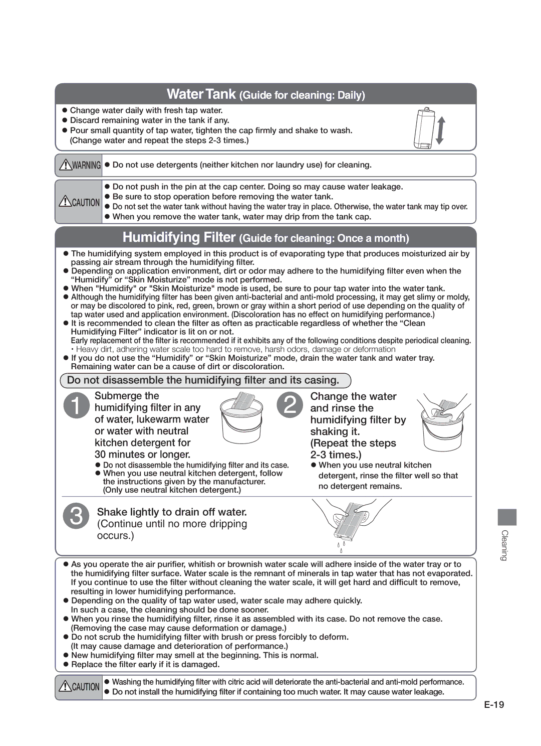 Hitachi EP-A7000 Water Tank Guide for cleaning Daily, Humidifying Filter Guide for cleaning Once a month, Cleaning 