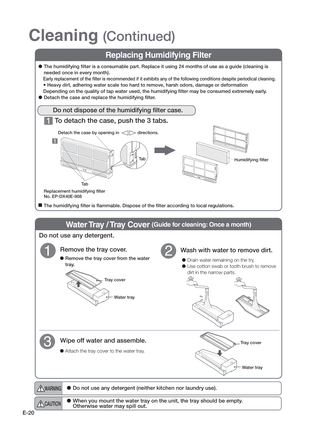 Hitachi EP-A7000 Replacing Humidifying Filter, Do not dispose of the humidifying filter case, Wipe off water and assemble 