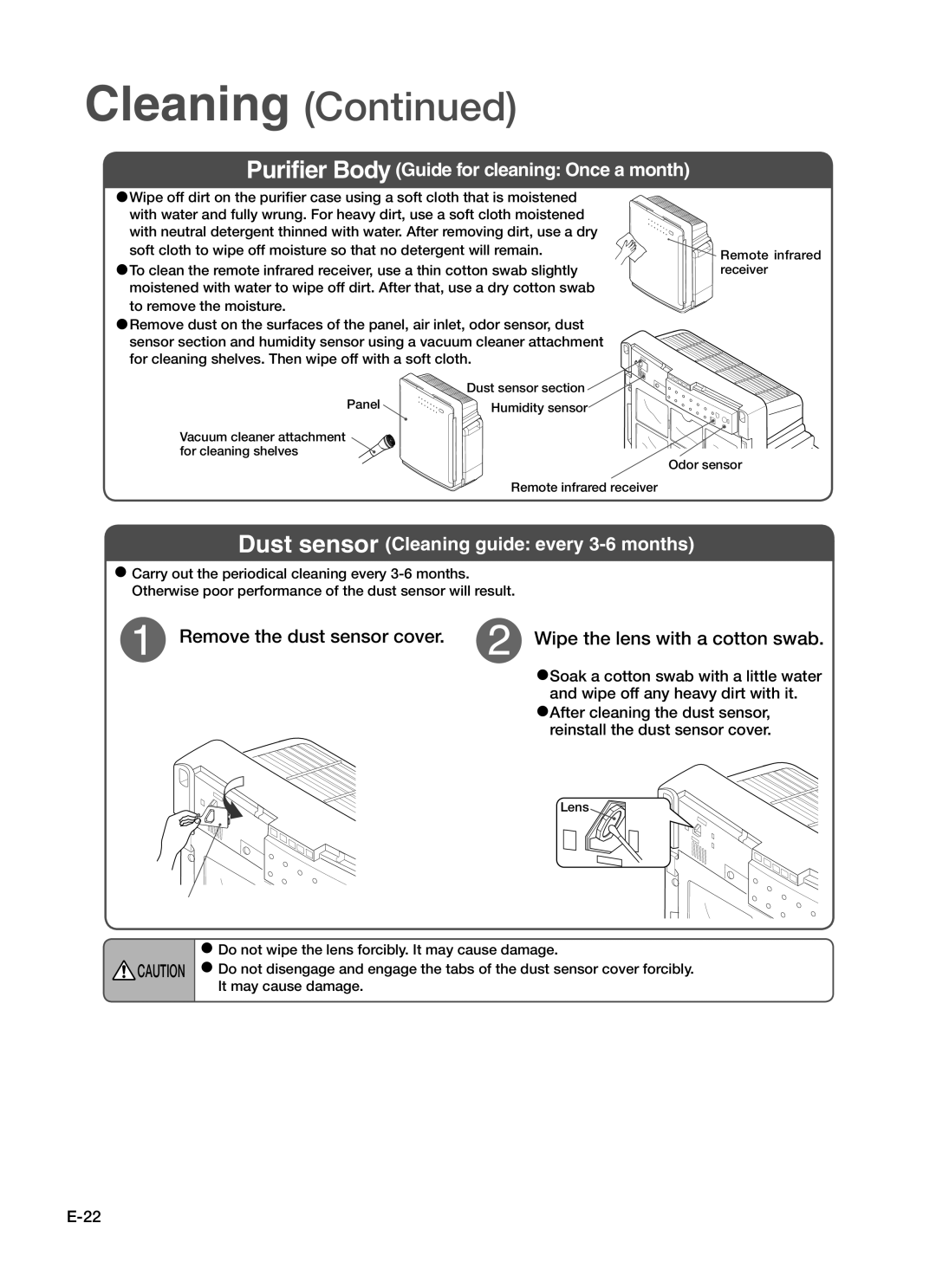 Hitachi EP-A7000 Purifier Body Guide for cleaning Once a month, Dust sensor Cleaning guide every 3-6 months 