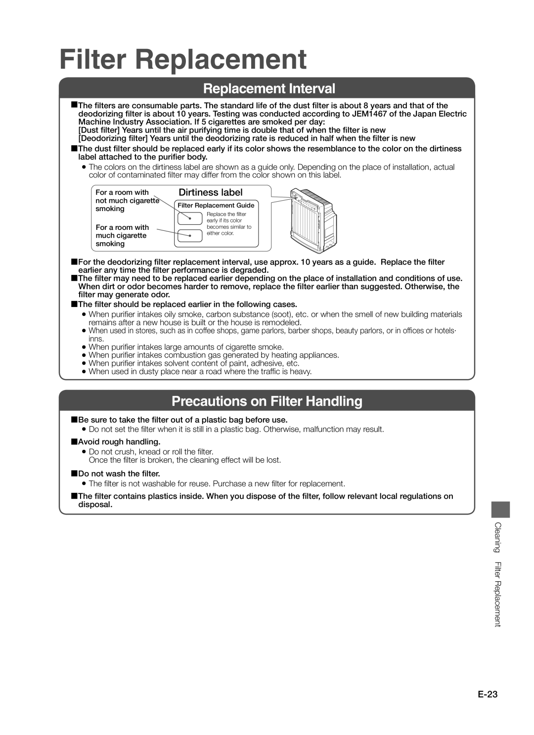 Hitachi EP-A7000 instruction manual Filter Replacement, Replacement Interval, Precautions on Filter Handling 