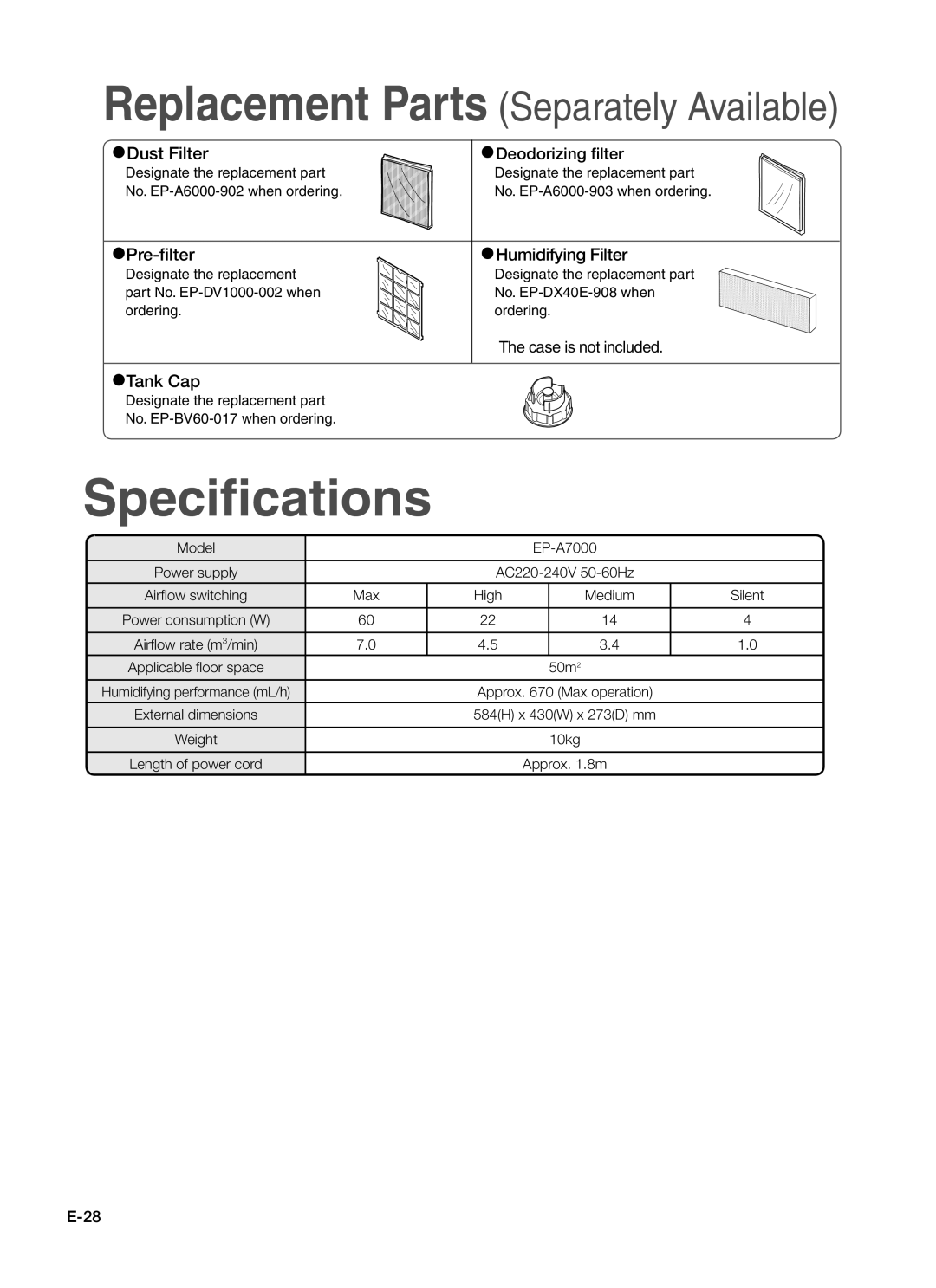 Hitachi EP-A7000 instruction manual Deodorizing filter, Applicable floor space 50m, 10kg Length of power cord Approx .8m 