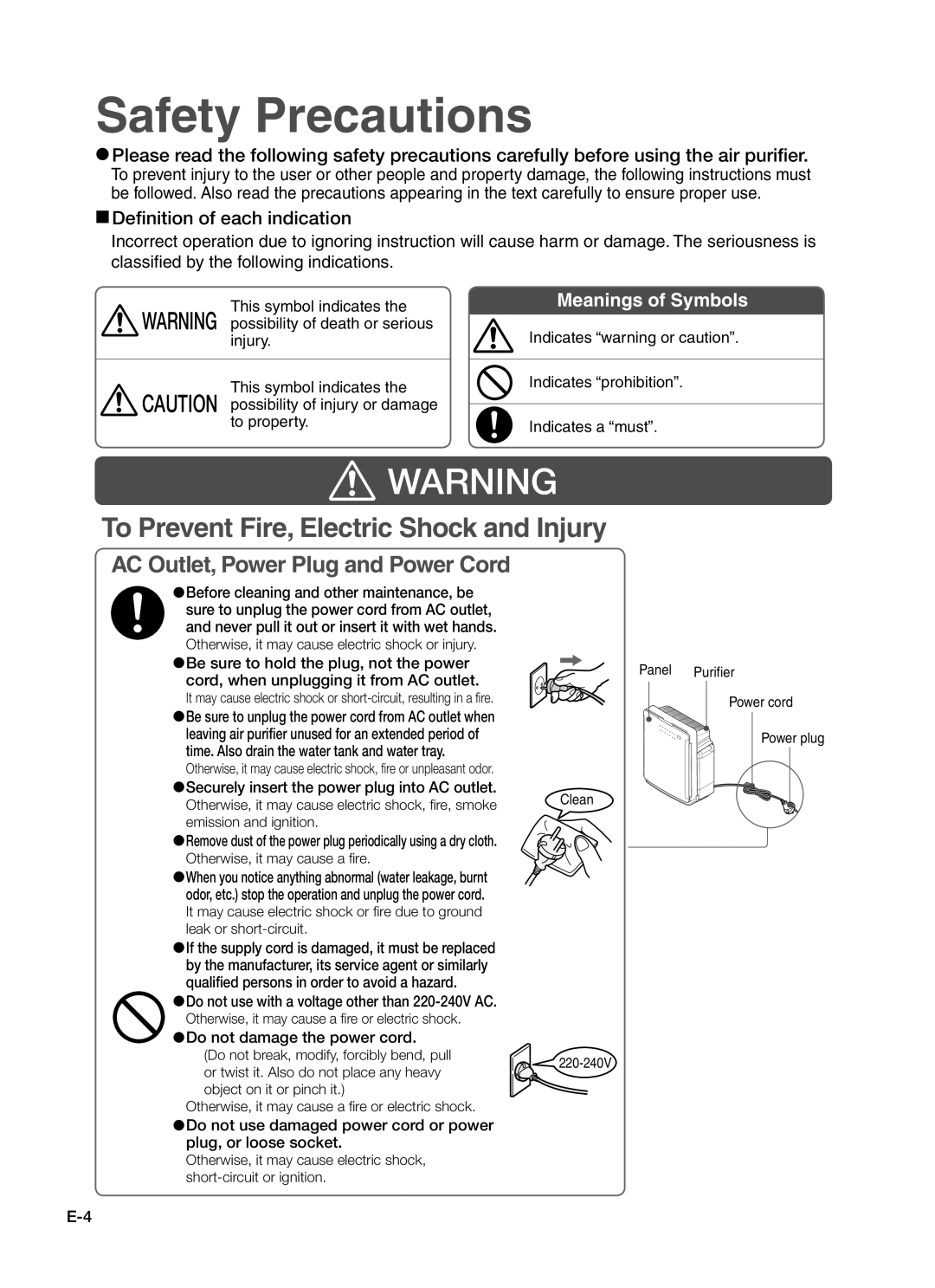 Hitachi EP-A7000 instruction manual Safety Precautions, Definition of each indication, Meanings of Symbols 