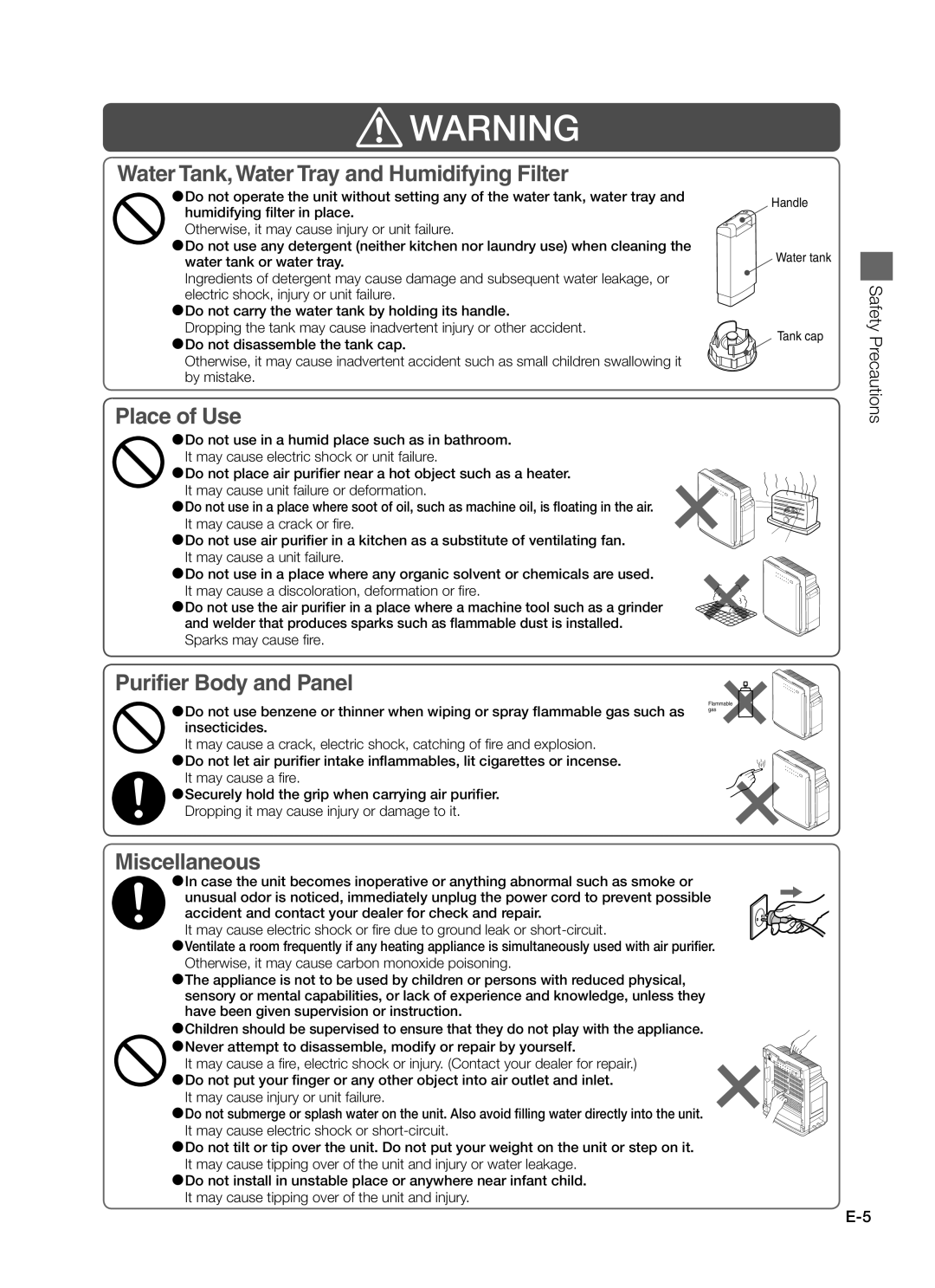 Hitachi EP-A7000 instruction manual Water Tank, Water Tray and Humidifying Filter 