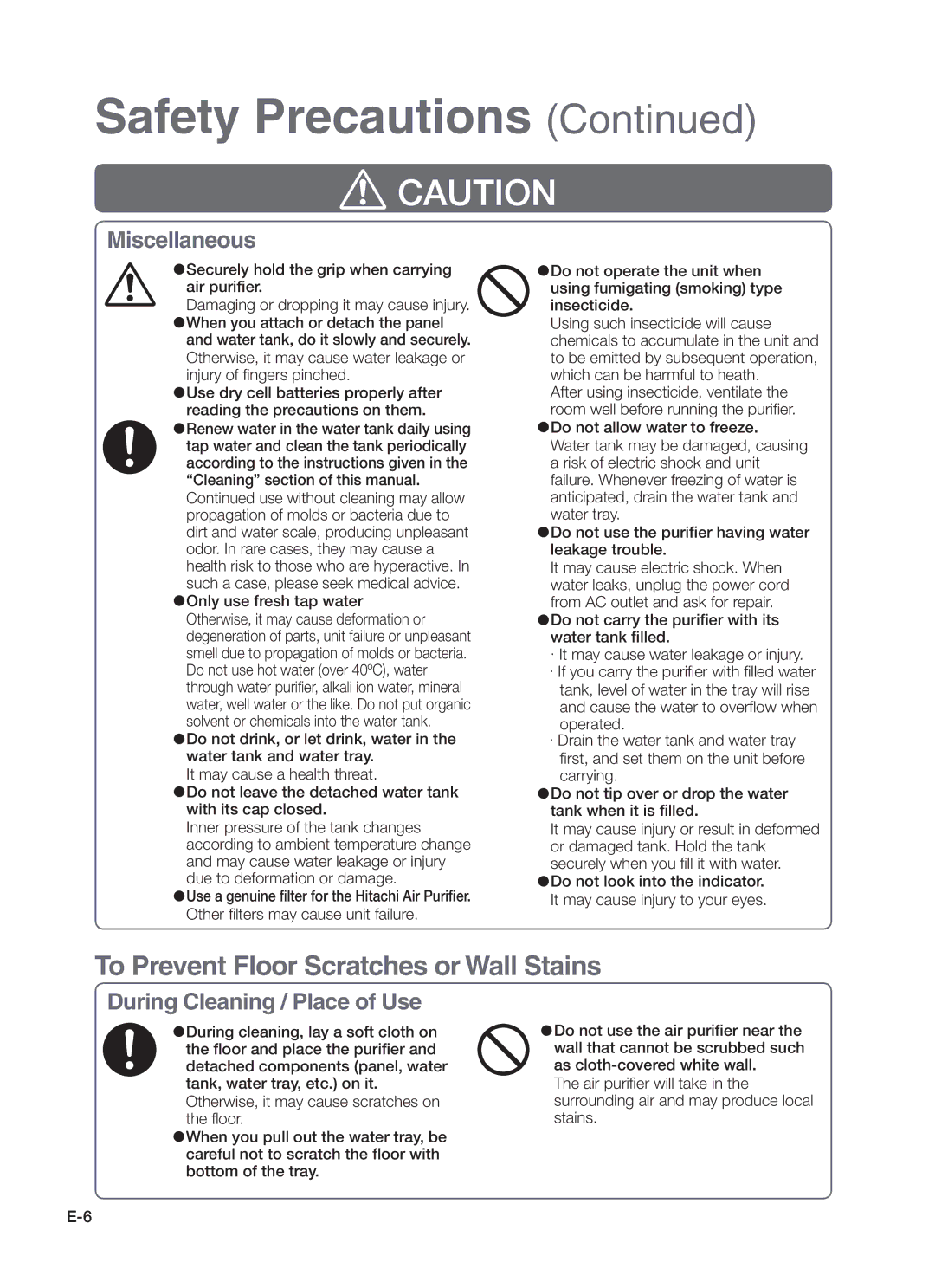 Hitachi EP-A7000 instruction manual To Prevent Floor Scratches or Wall Stains 