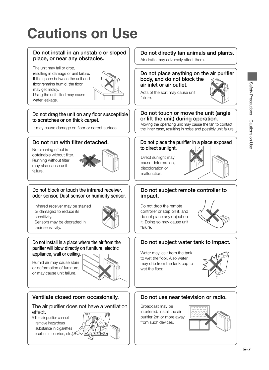 Hitachi EP-A7000 instruction manual Do not directly fan animals and plants, Do not run with filter detached 