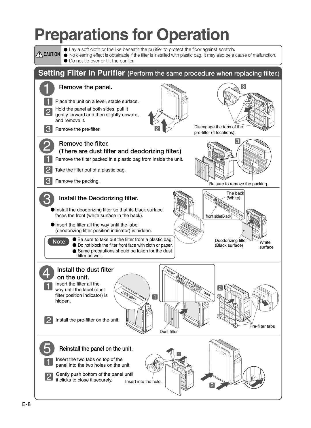 Hitachi EP-A7000 instruction manual Preparations for Operation, Remove the panel, Install the Deodorizing filter 